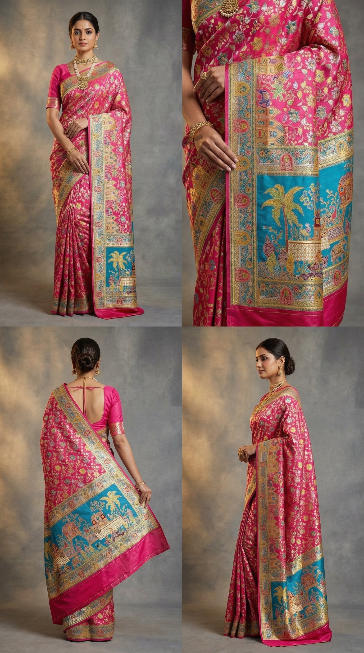 Dola silk Rani  jacquard viscose Saree with Multicolor Floral Border