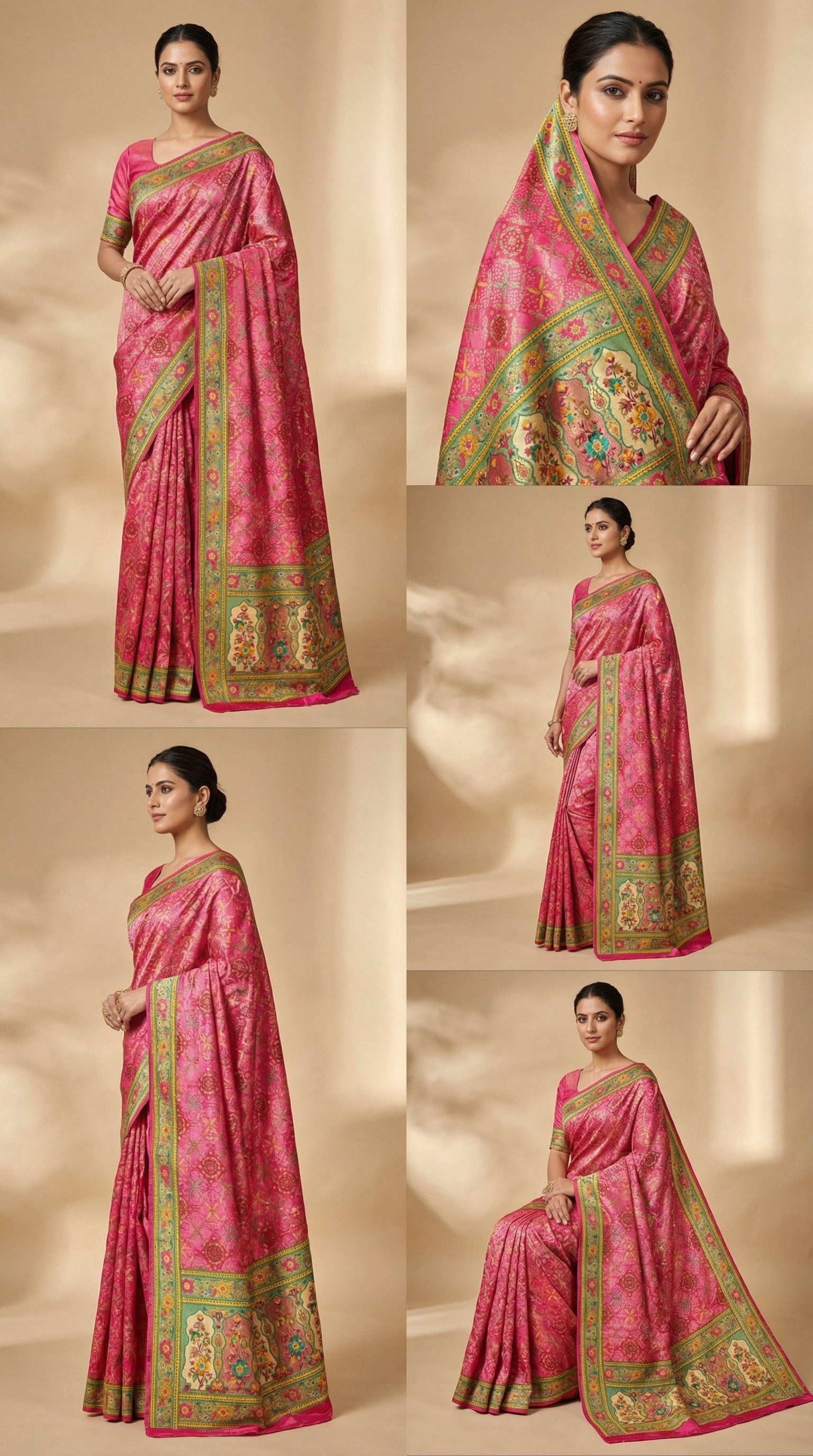 Rani Satin Saree with Multicolor Traditional Border with Position Print