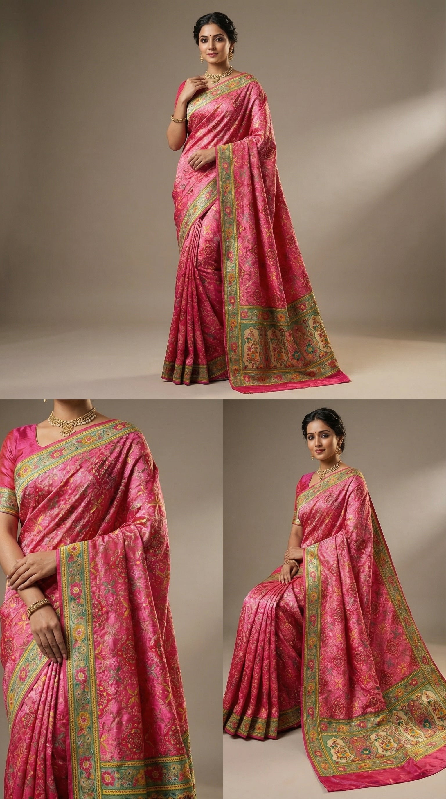 Rani Satin Saree with Multicolor Traditional Border with Position Print