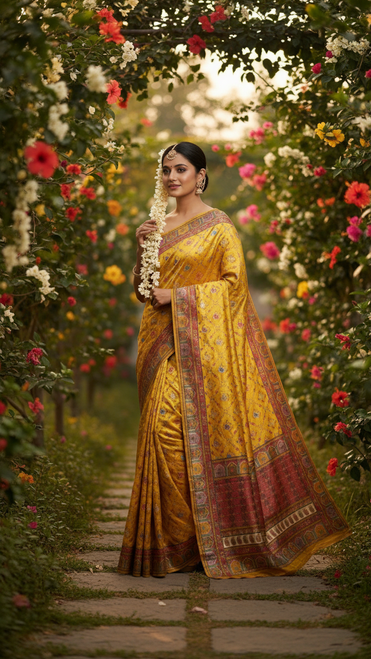 Yellow Fancy Satin Traditional saree with Position Print