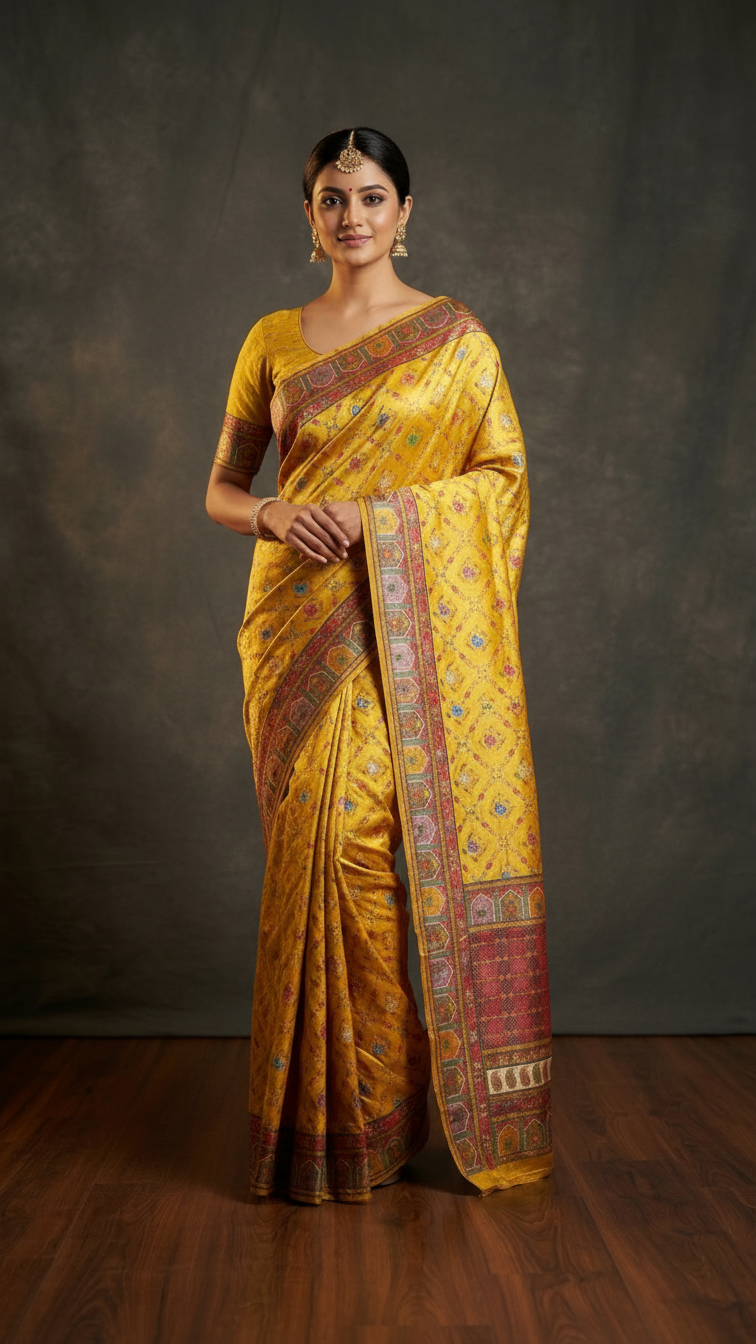 Yellow Fancy Satin Traditional saree with Position Print