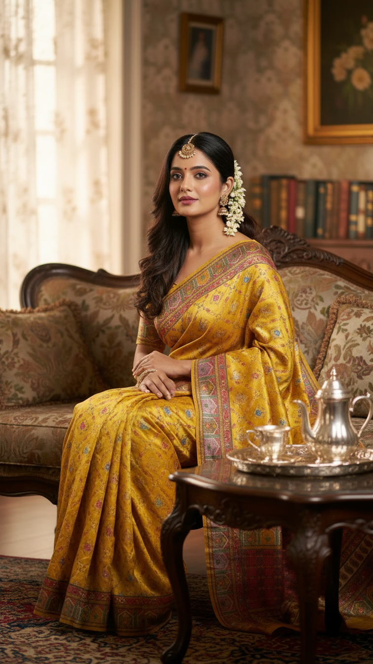 Yellow Fancy Satin Traditional saree with Position Print