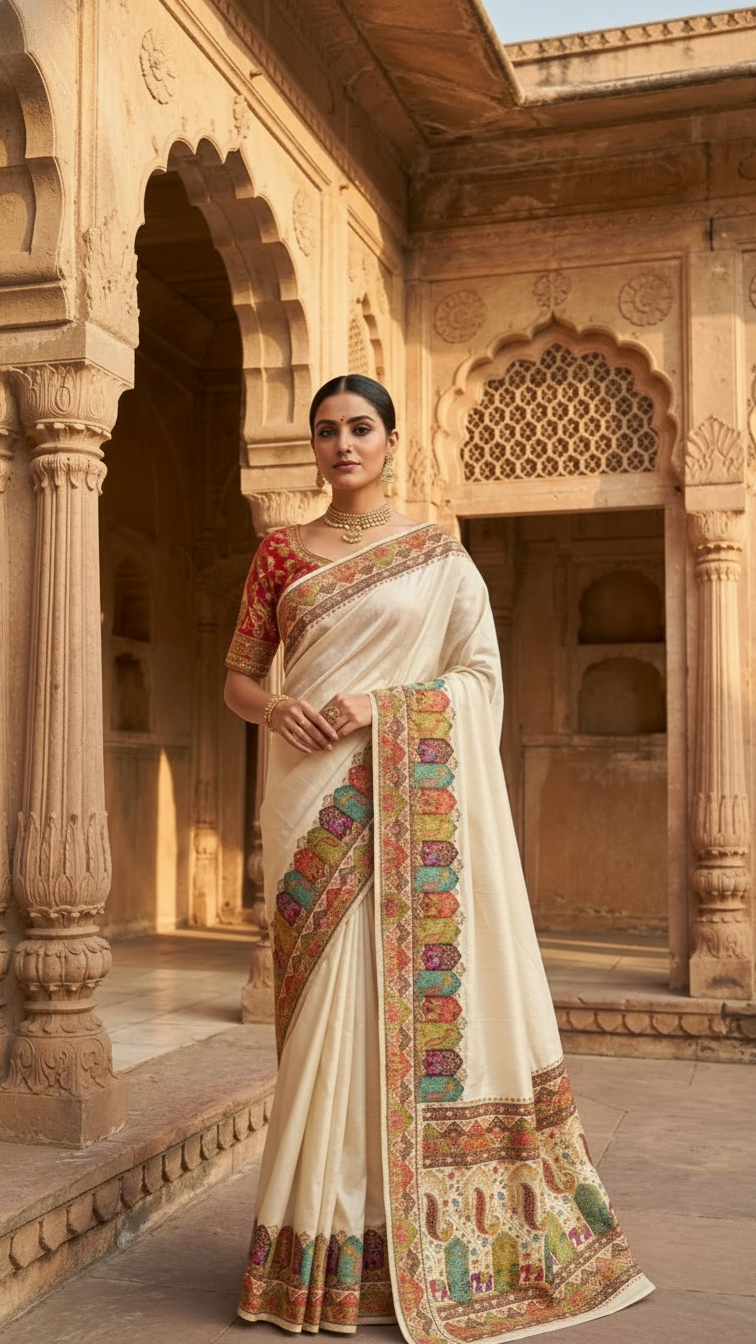 Cream Satin Saree with Multicolor Traditional Border with Position Print