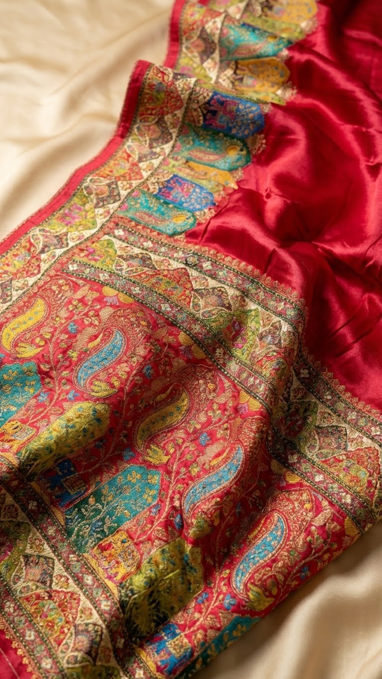 Red Satin Saree with Multicolor Traditional Border with Position Print