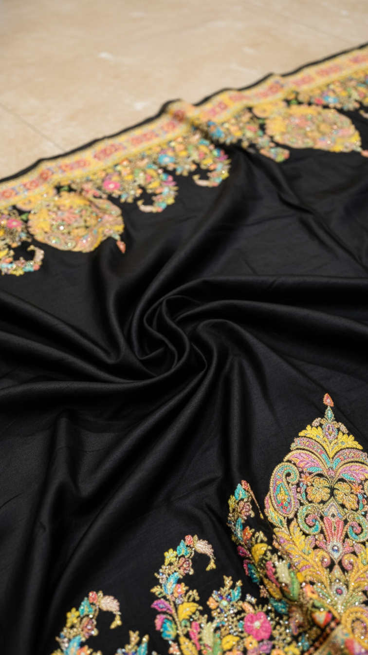 Black Jacquard Viscose Saree With Position print