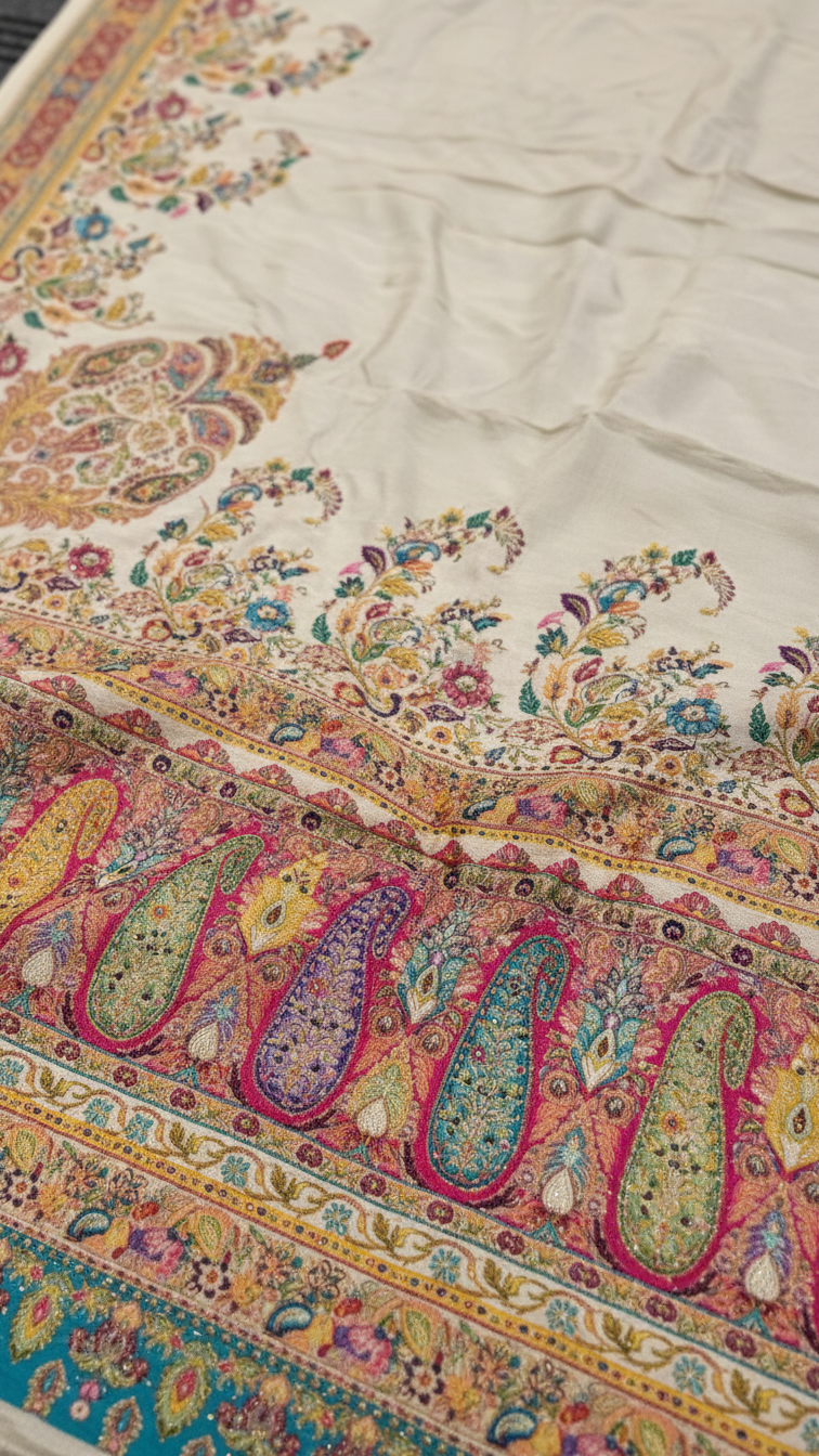 Cream Jacquard Viscose Saree With Position print