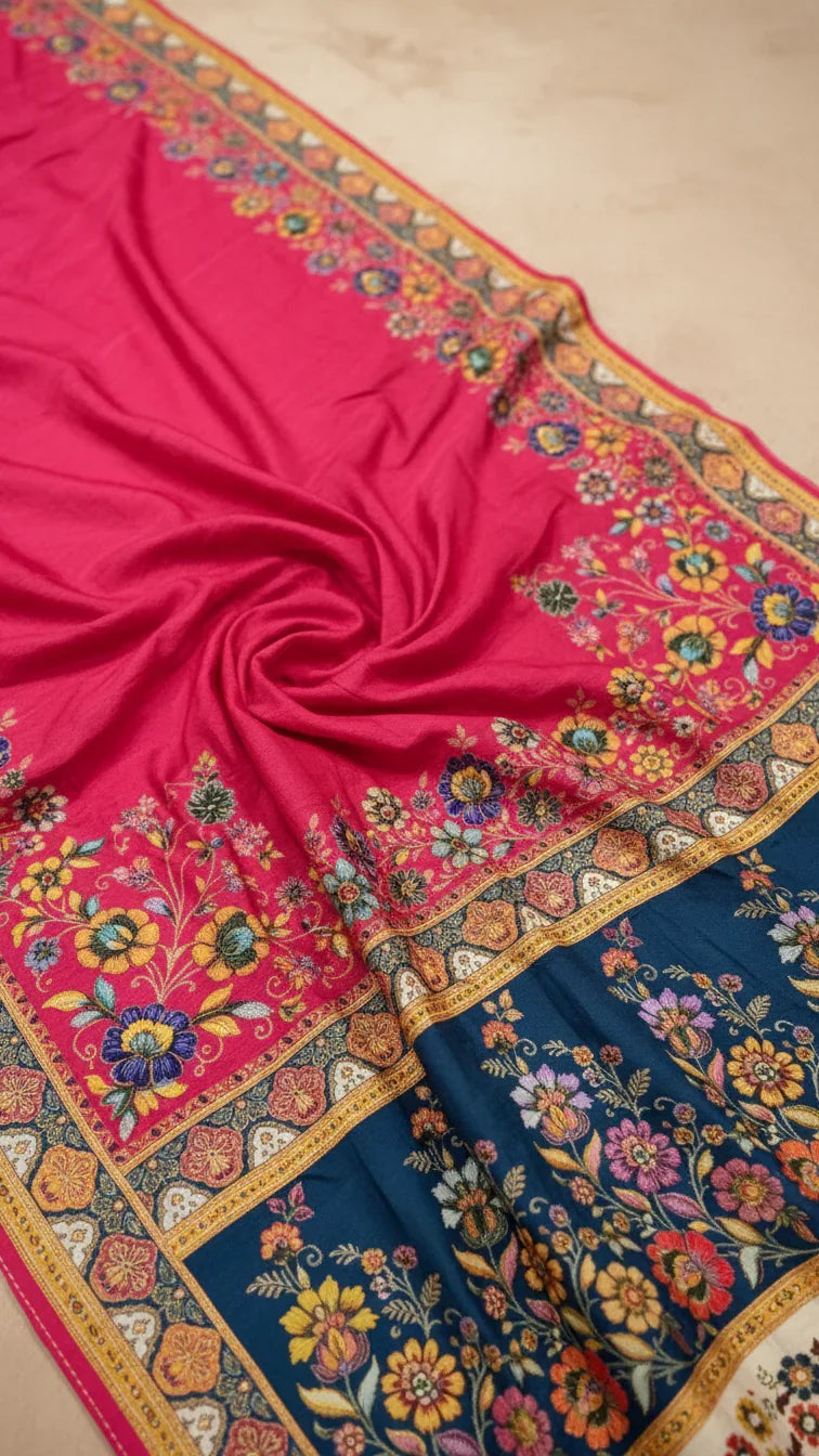 Dola silk Rani jacquard viscose Saree with Multicolor Floral Border & Rich Magnet pallu