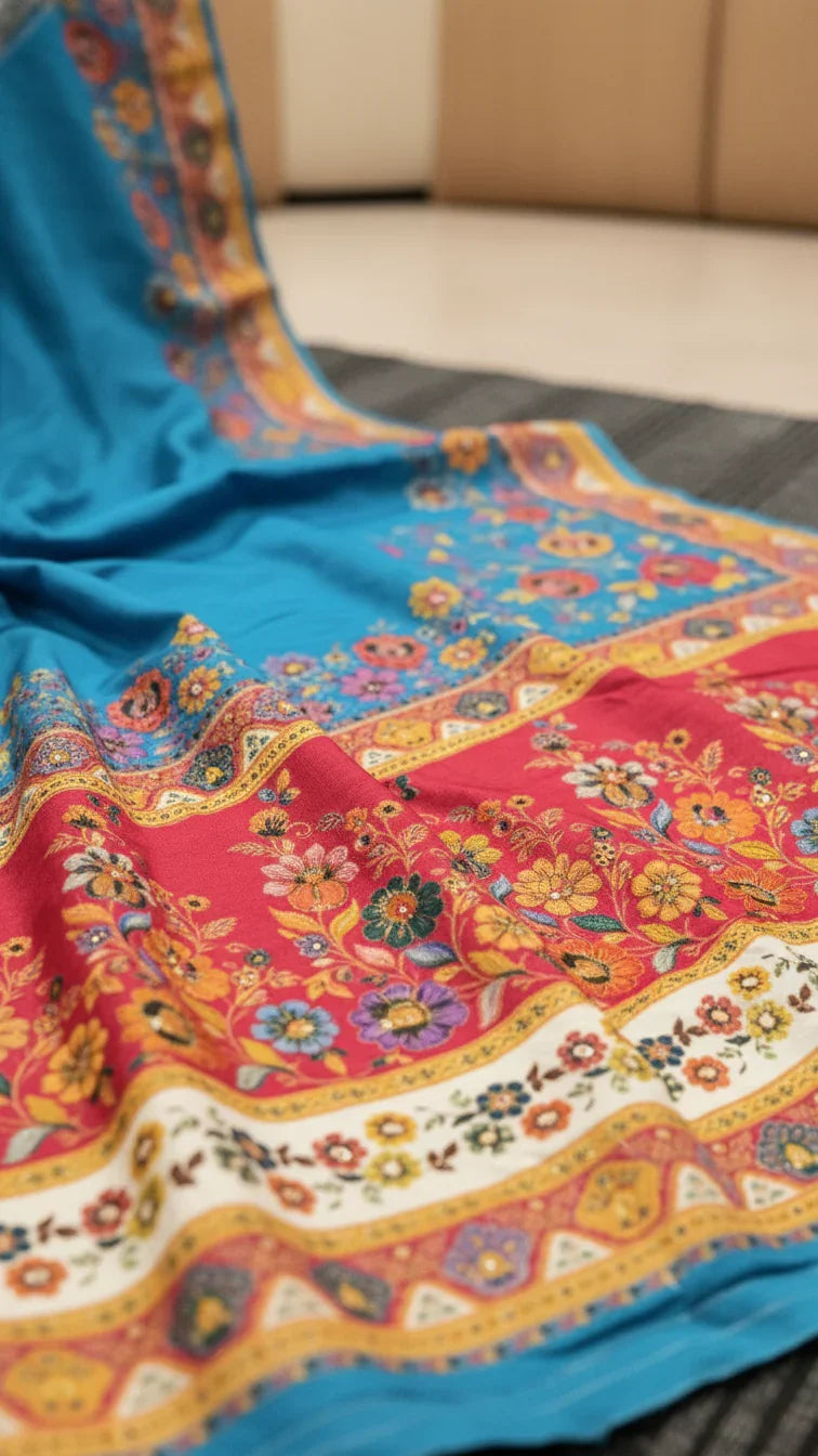 Dola silk Rama jacquard viscose Saree with Multicolor Floral Border & Rich Magnet pallu
