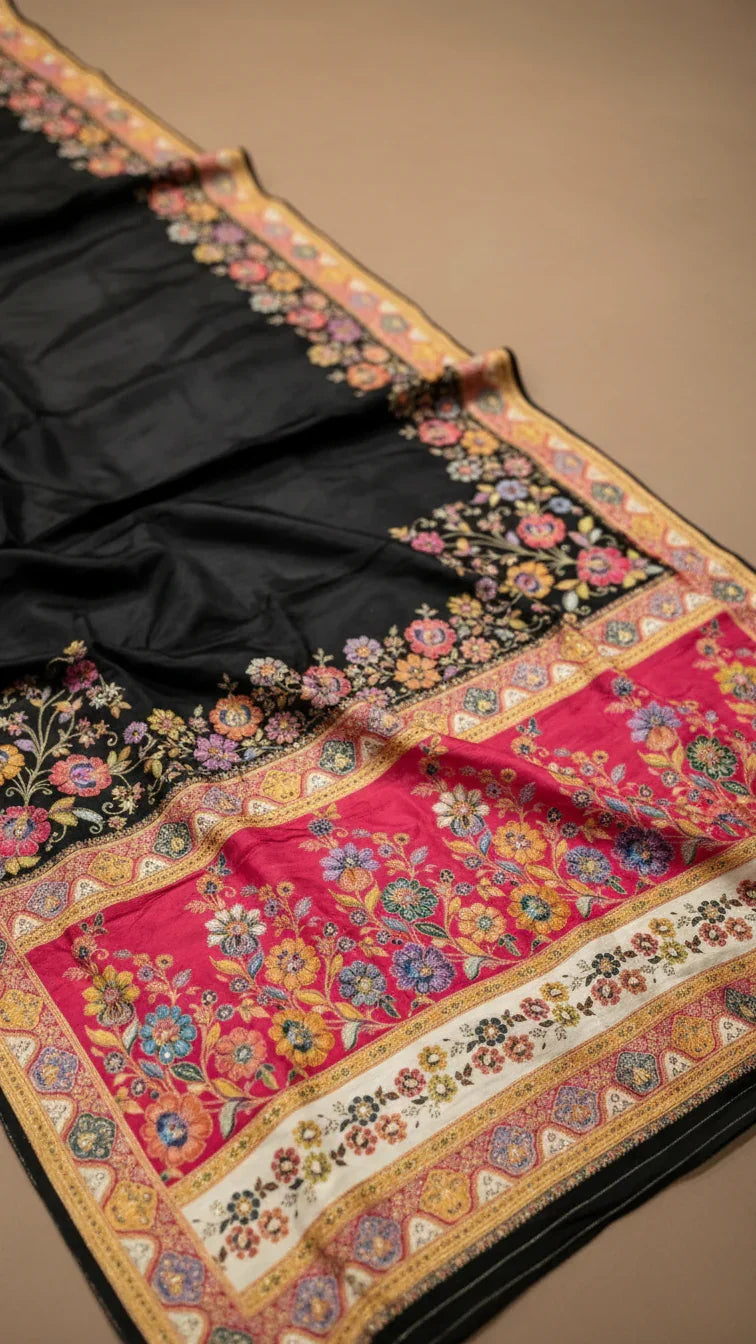 Dola silk Black jacquard viscose Saree with Multicolor Floral Border & Rich Magnet pallu