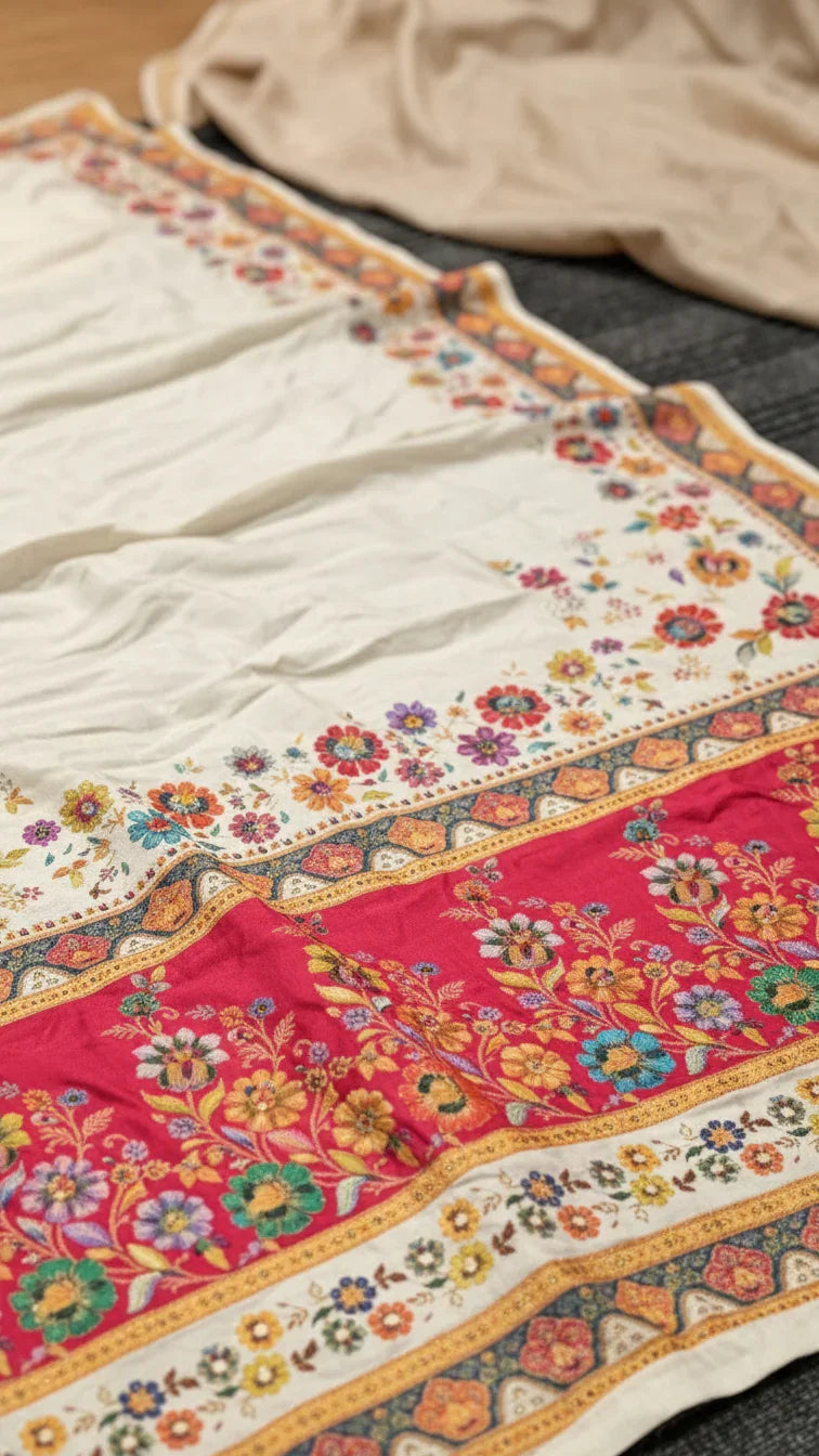 Dola silk Cream jacquard viscose Saree with Multicolor Floral Border & Rich Magnet pallu