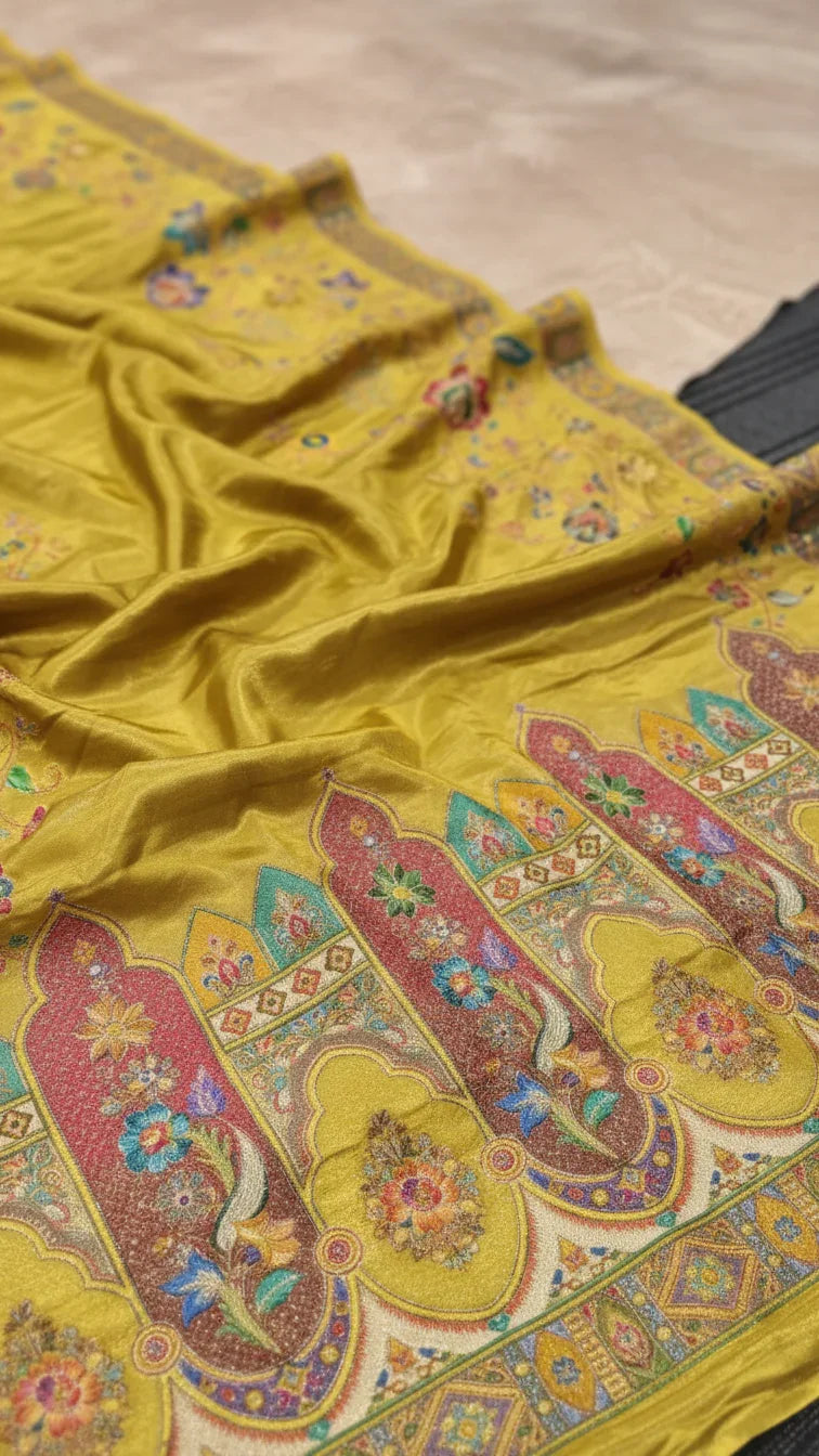 Mustard  Tissue Silk Saree With Position Print