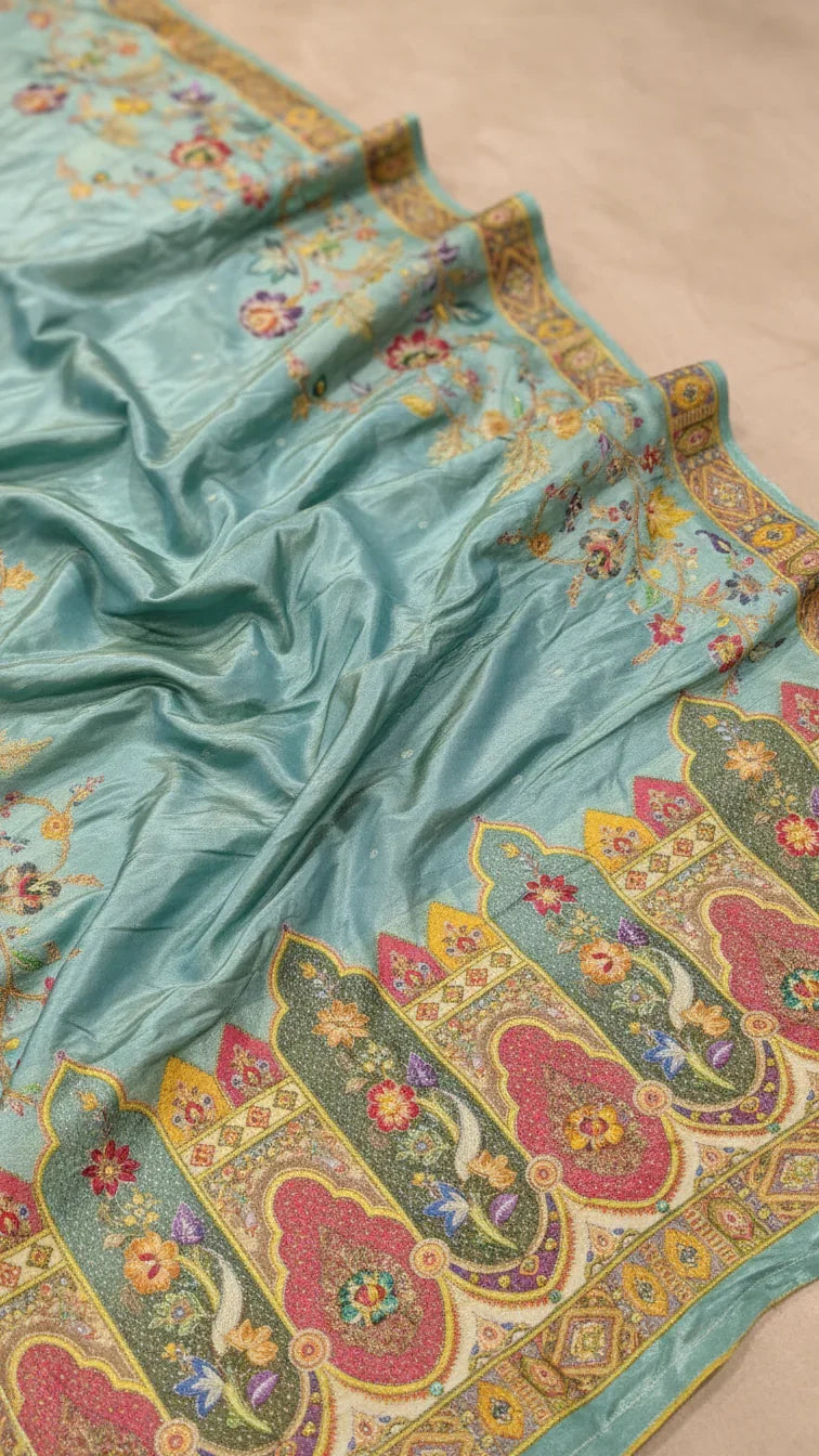 Rama Tissue Silk Saree With Position Print