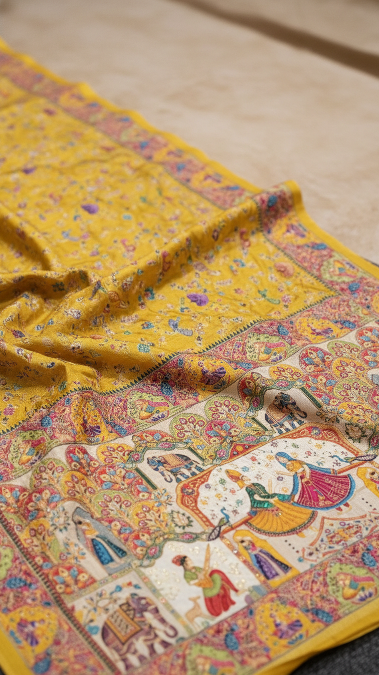 Dola silk Yellow  jacquard viscose Saree with Multicolor Floral Border