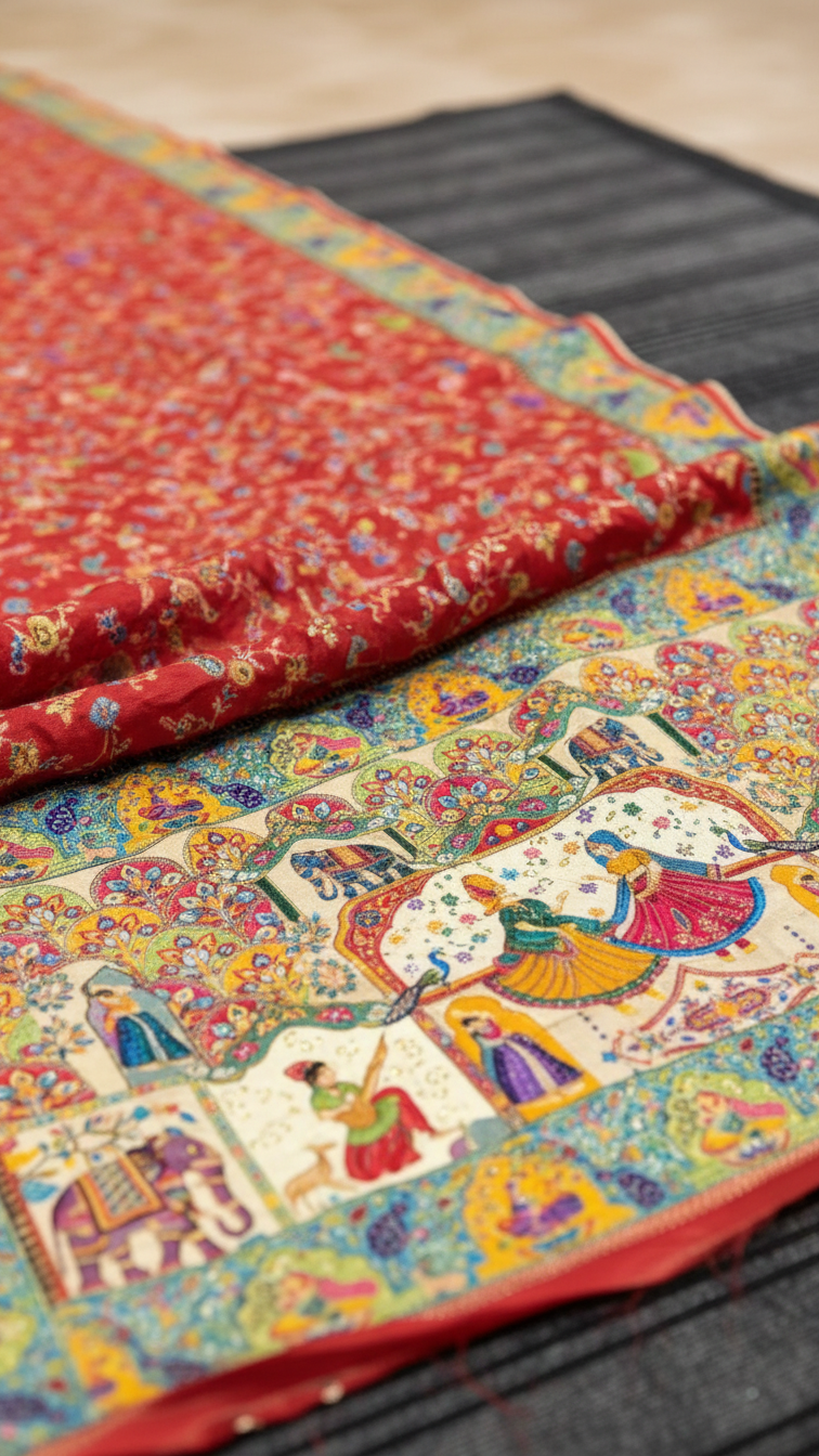 Dola silk red  jacquard viscose Saree with Multicolor Floral Border