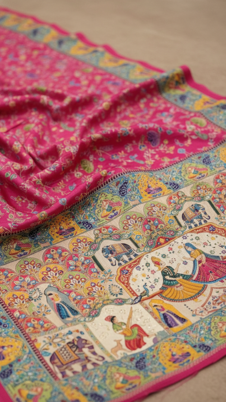 Dola silk Rani jacquard viscose Saree with Multicolor Floral Border