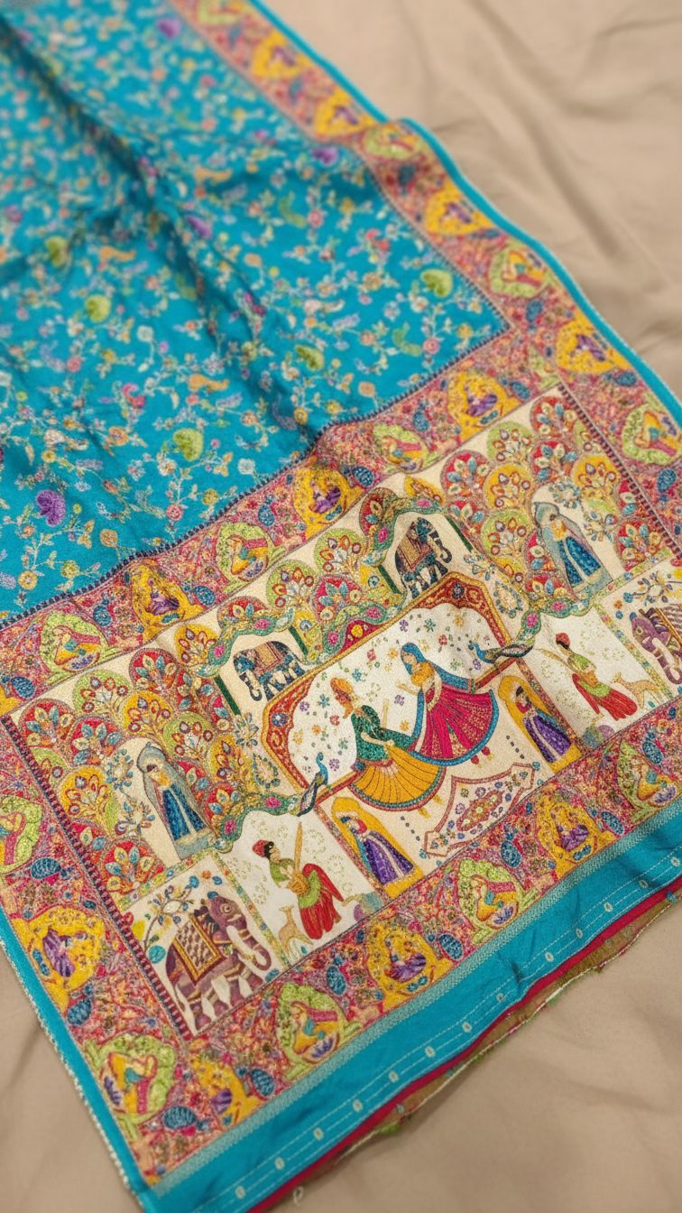 Dola silk Patrol blue jacquard viscose Saree with Multicolor Floral Border