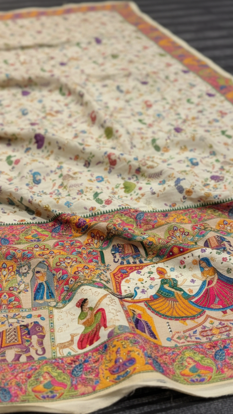 Dola silk Cream  jacquard viscose Saree with Multicolor Floral Border
