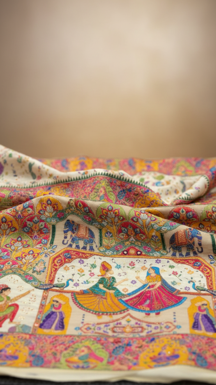 Dola silk Cream  jacquard viscose Saree with Multicolor Floral Border