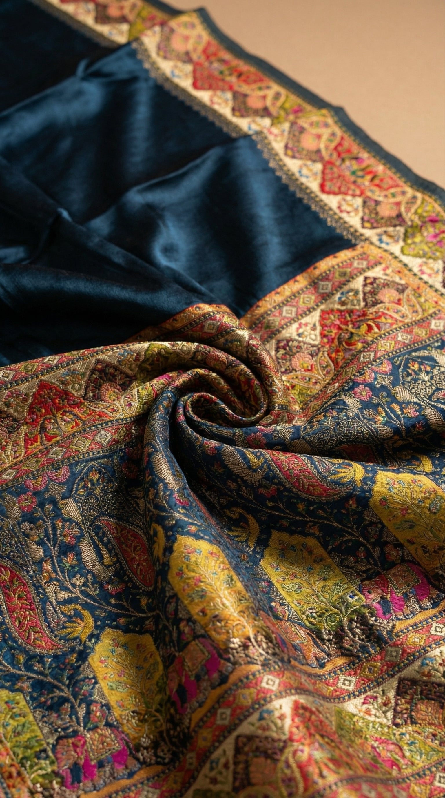 Teal Blue Satin Saree with Multicolor Traditional Border with Position Print