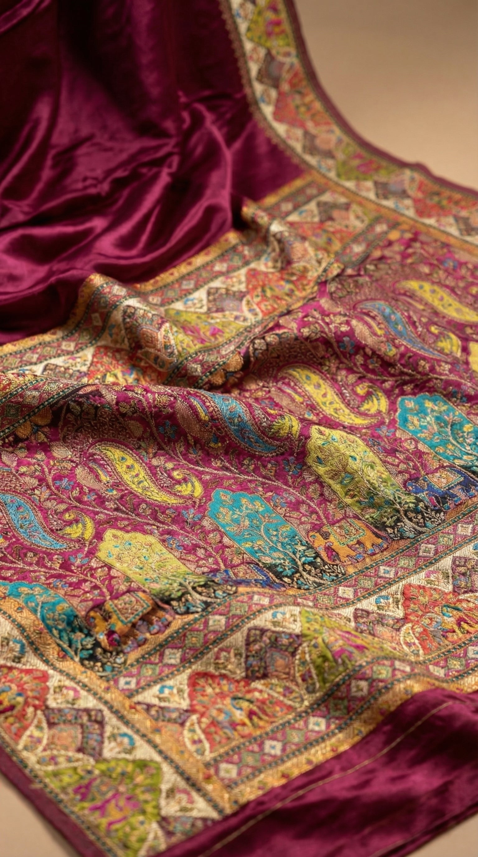 Wine Satin Saree with Multicolor Traditional Border with Position Print