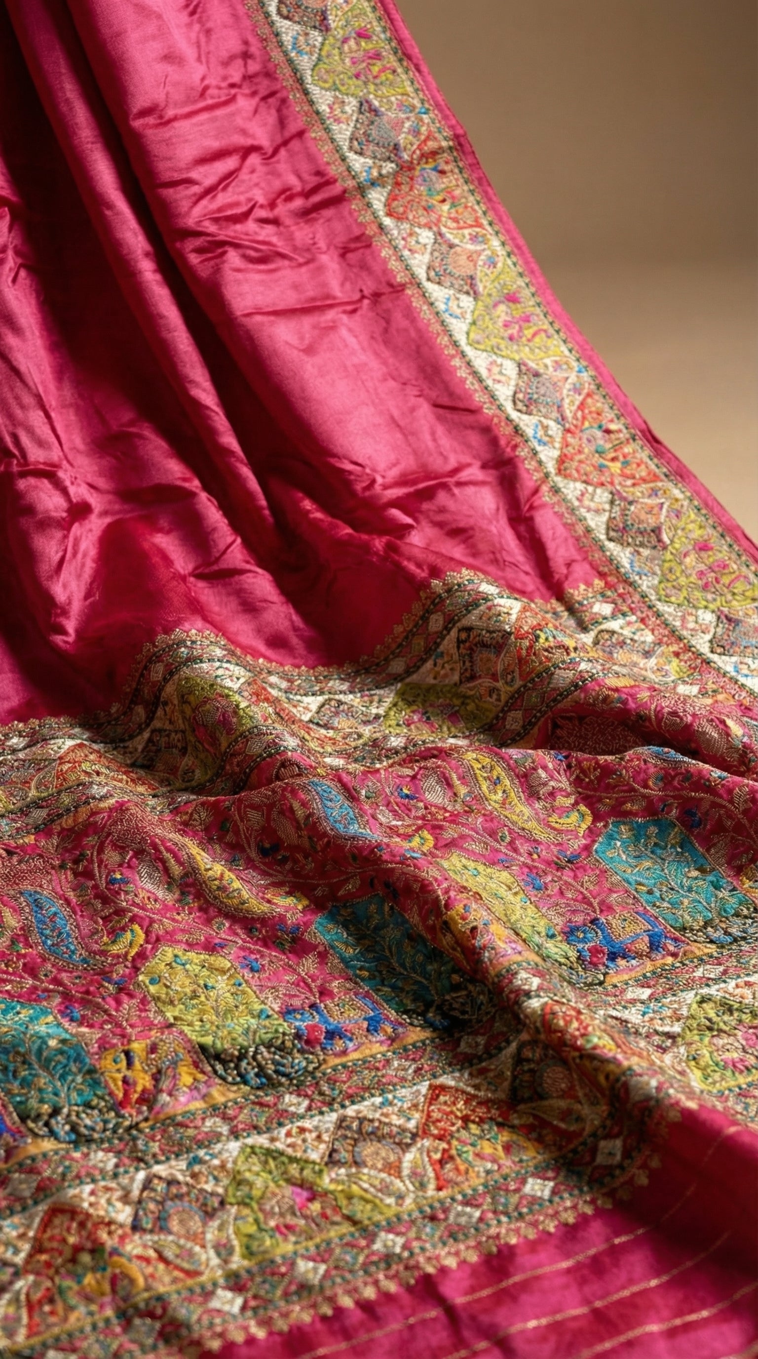 Rani Satin Saree with Multicolor Traditional Border with Position Print