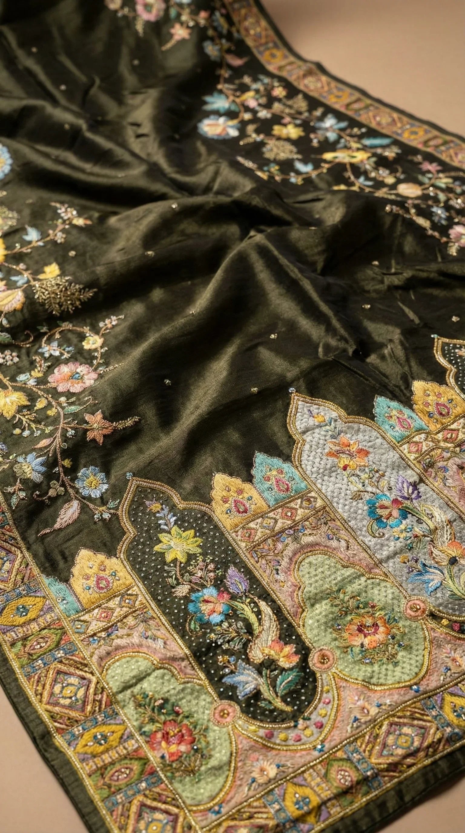 Black Tissue Silk Saree With Position Print