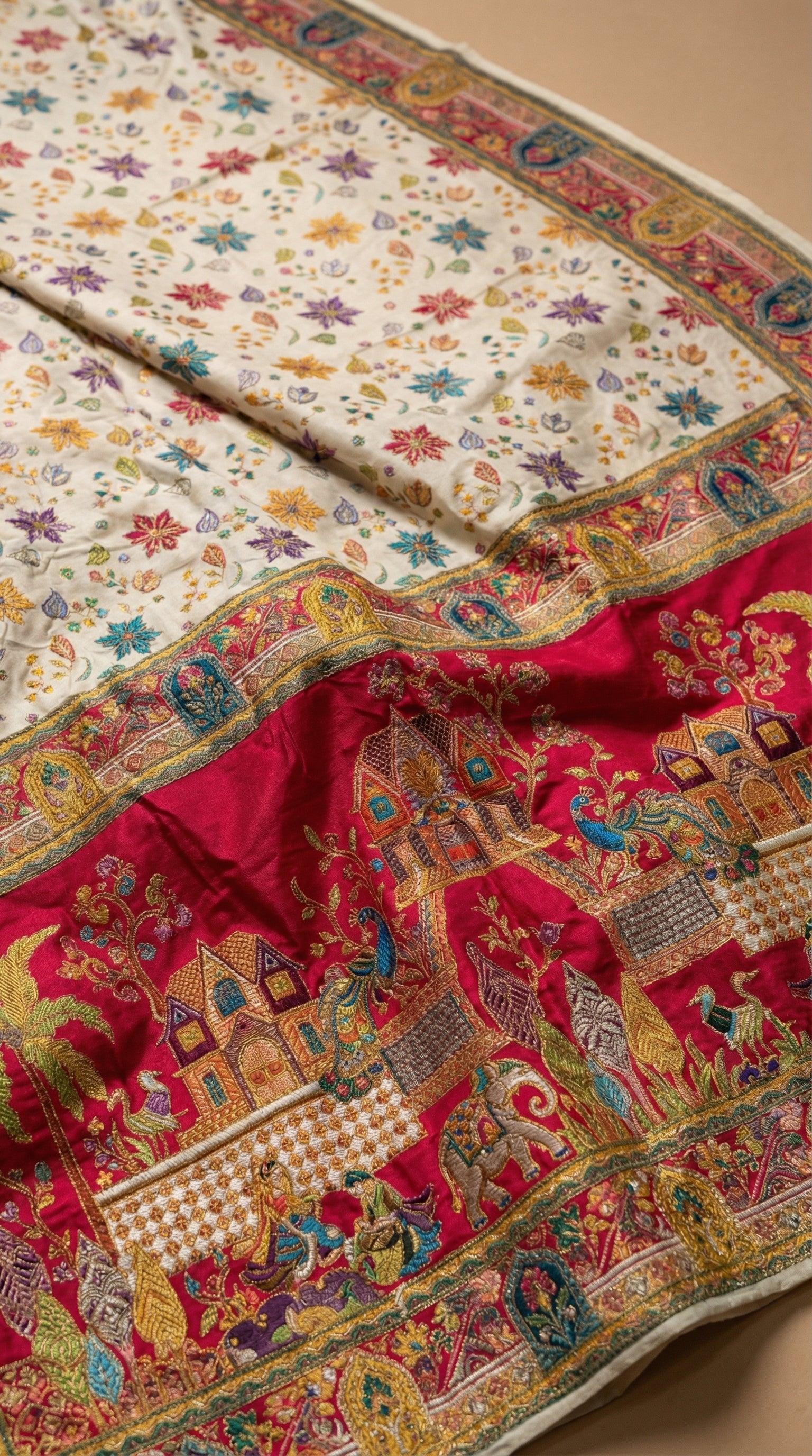 Dola silk Cream jacquard viscose Saree with Multicolor Floral Border