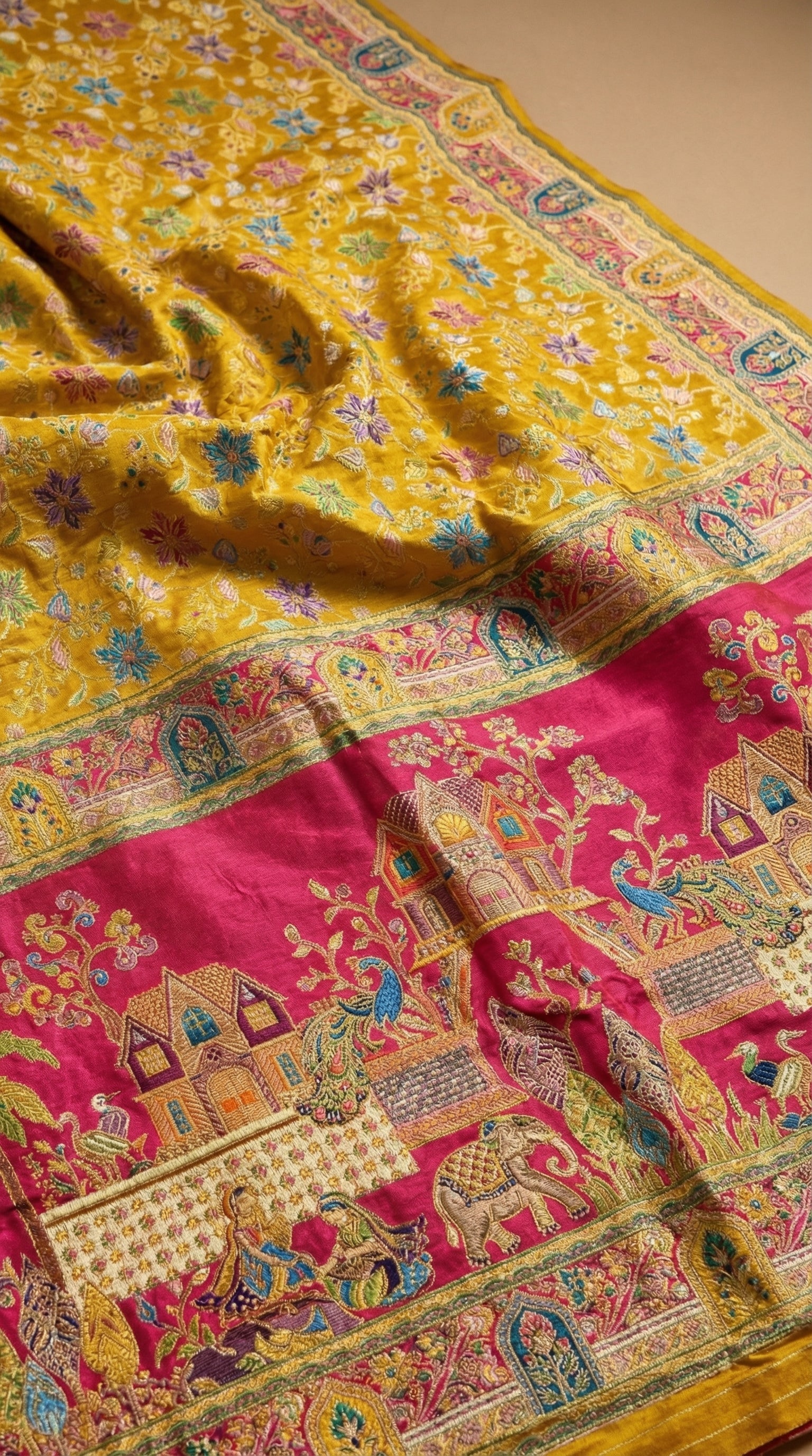 Dola silk Yellow  jacquard viscose Saree with Multicolor Floral Border