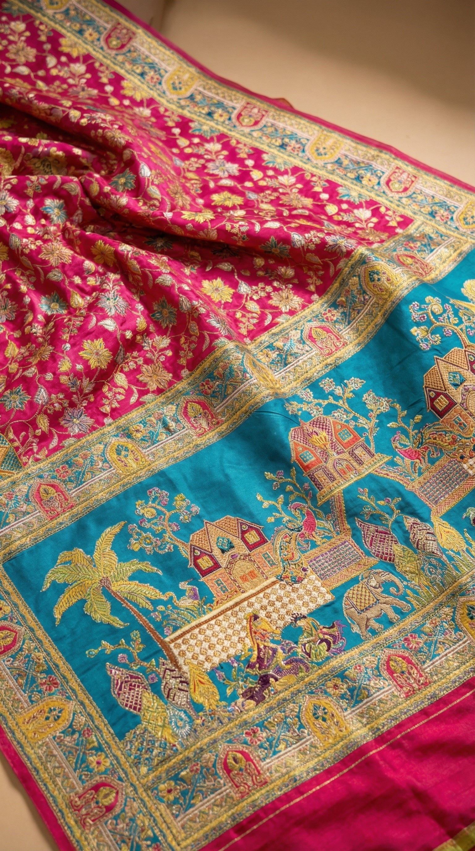 Dola silk Rani  jacquard viscose Saree with Multicolor Floral Border