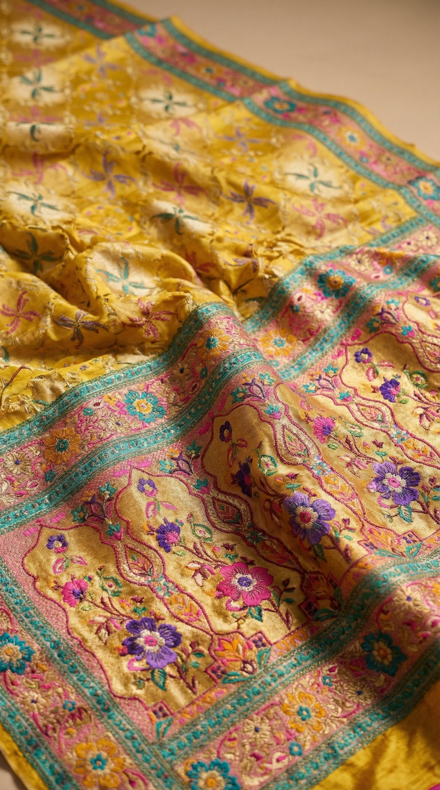 Yellow Satin Saree with Multicolor Traditional Border with Position Print