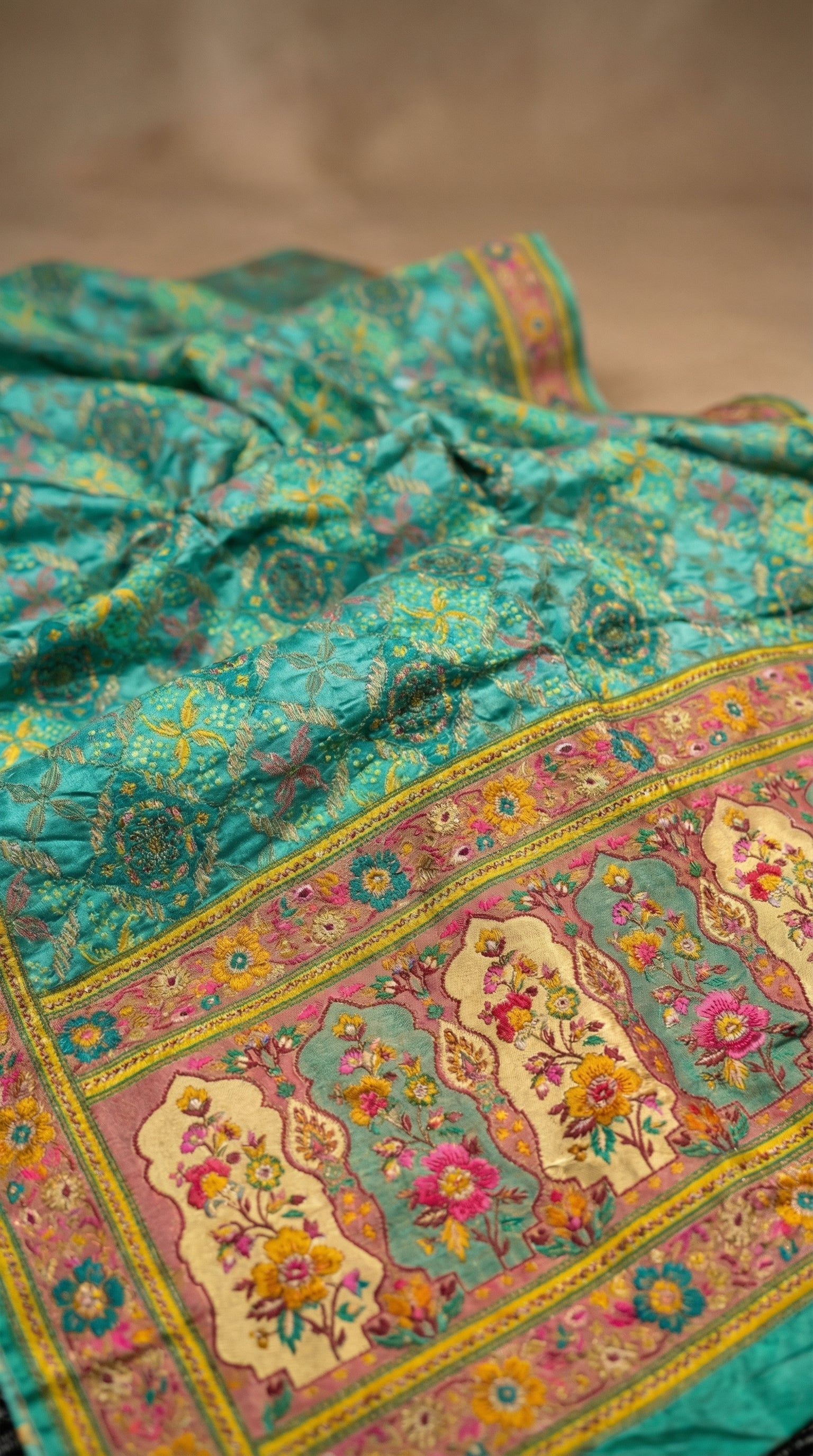 Rama Satin Saree with Multicolor Traditional Border with Position Print