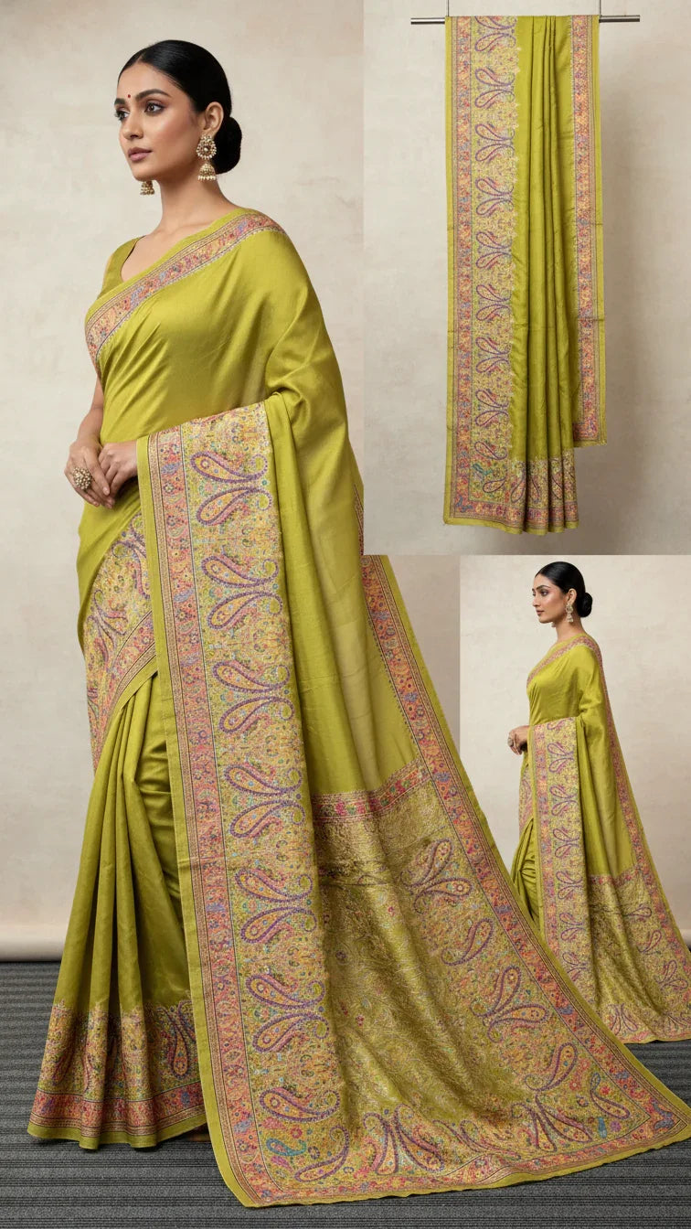 Olive Green Jacquard Viscose Saree With Position print