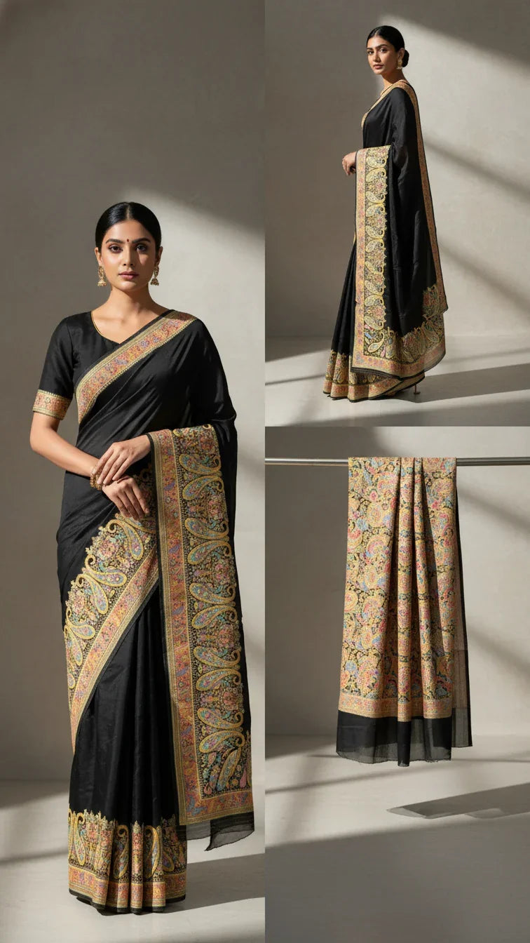 Elegant Black Jacquard Viscose Saree With Position print