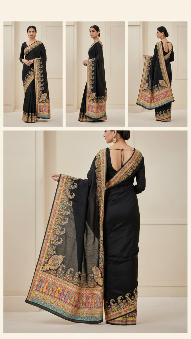 Black Jacquard Viscose Saree With Position print