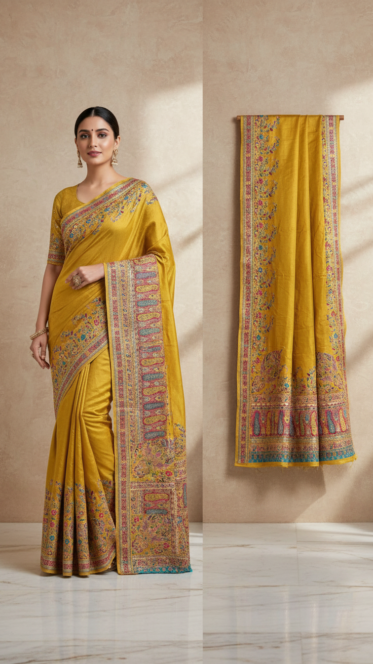 Yellow Jacquard Viscose Saree With Position print
