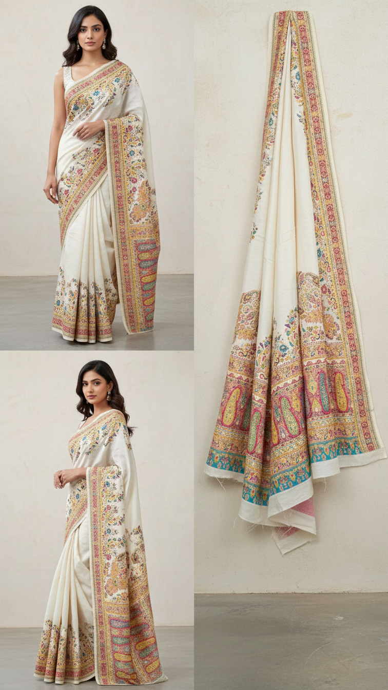 Cream Jacquard Viscose Saree With Position print