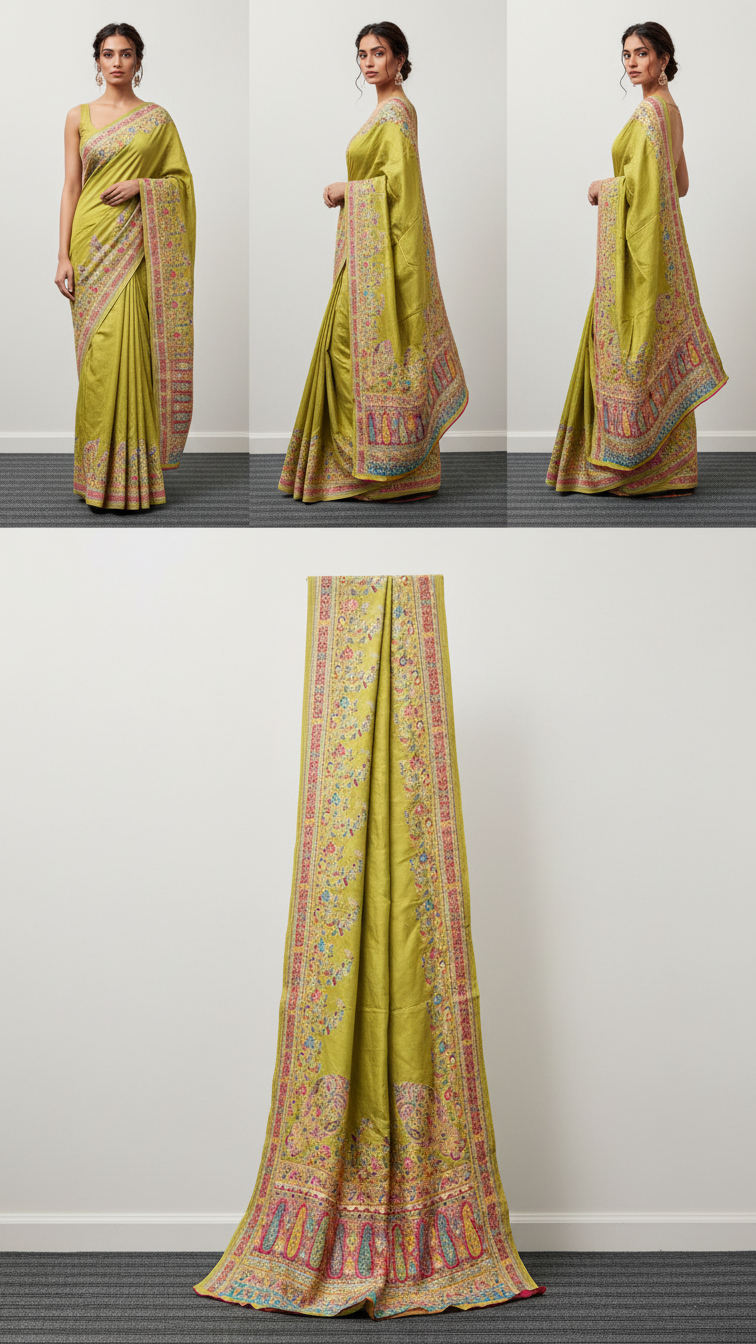 Oilve Green Jacquard Viscose Saree With Position print