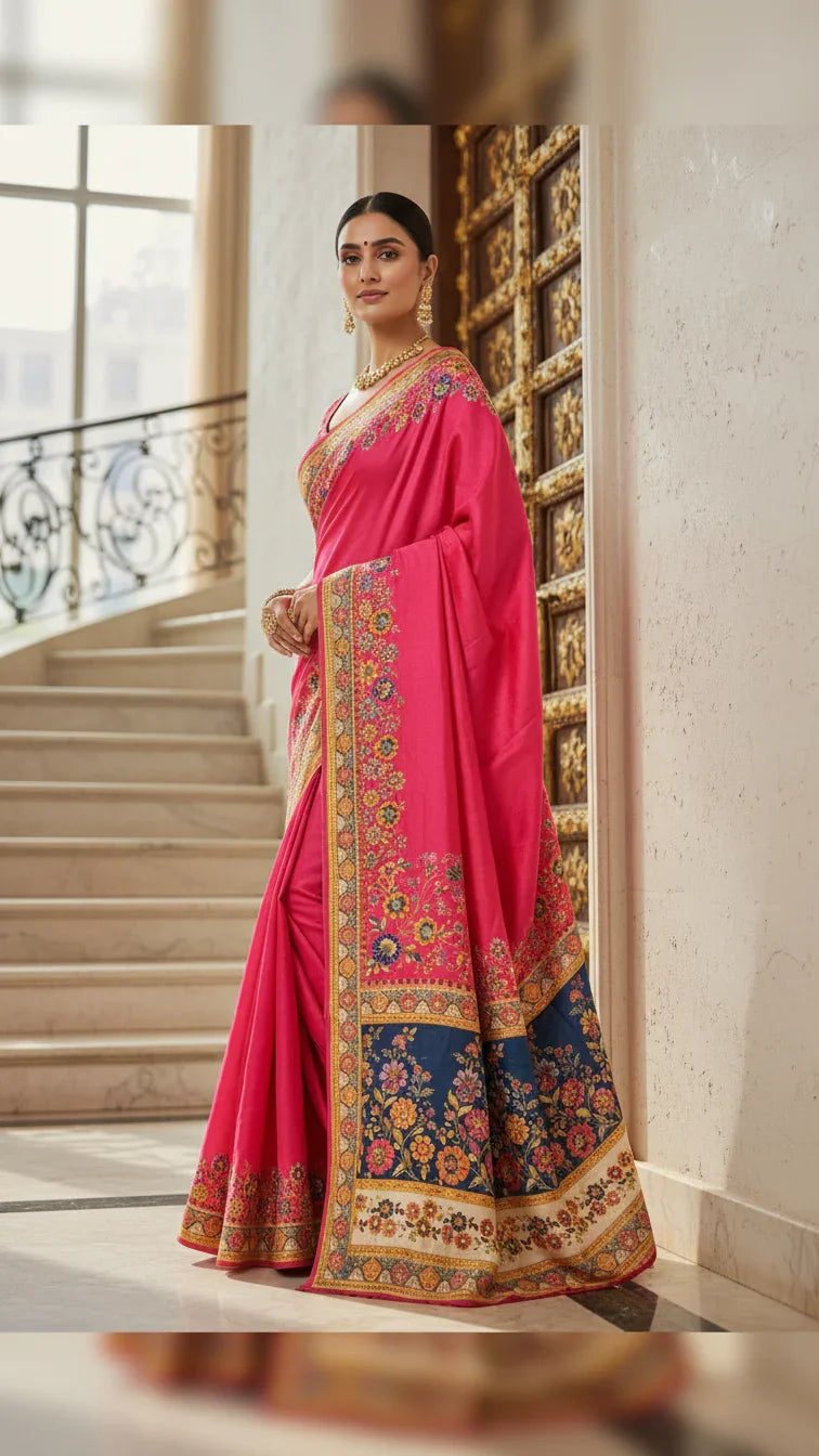 Dola silk Rani jacquard viscose Saree with Multicolor Floral Border & Rich Magnet pallu