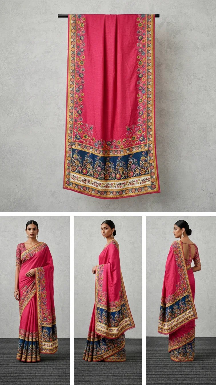 Dola silk Rani jacquard viscose Saree with Multicolor Floral Border & Rich Magnet pallu