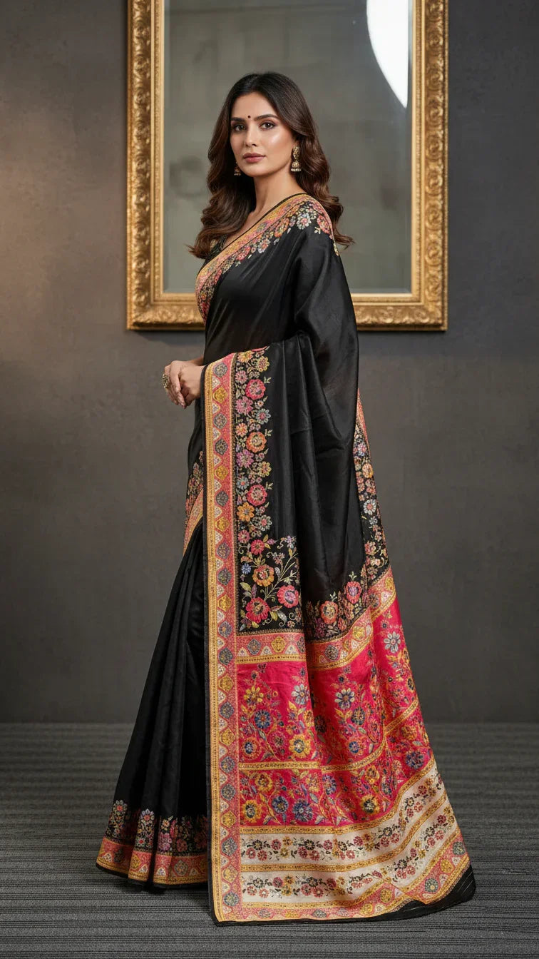 Dola silk Black jacquard viscose Saree with Multicolor Floral Border & Rich Magnet pallu