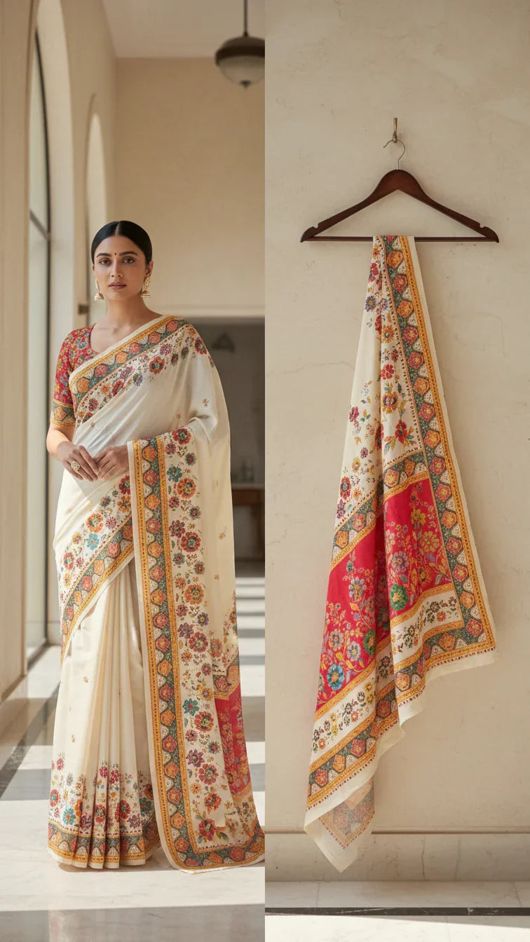 Dola silk Cream jacquard viscose Saree with Multicolor Floral Border & Rich Magnet pallu