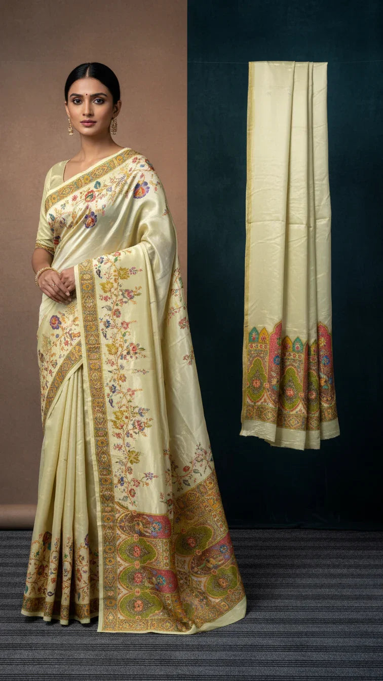 Cream Tissue Silk Saree With Position Print