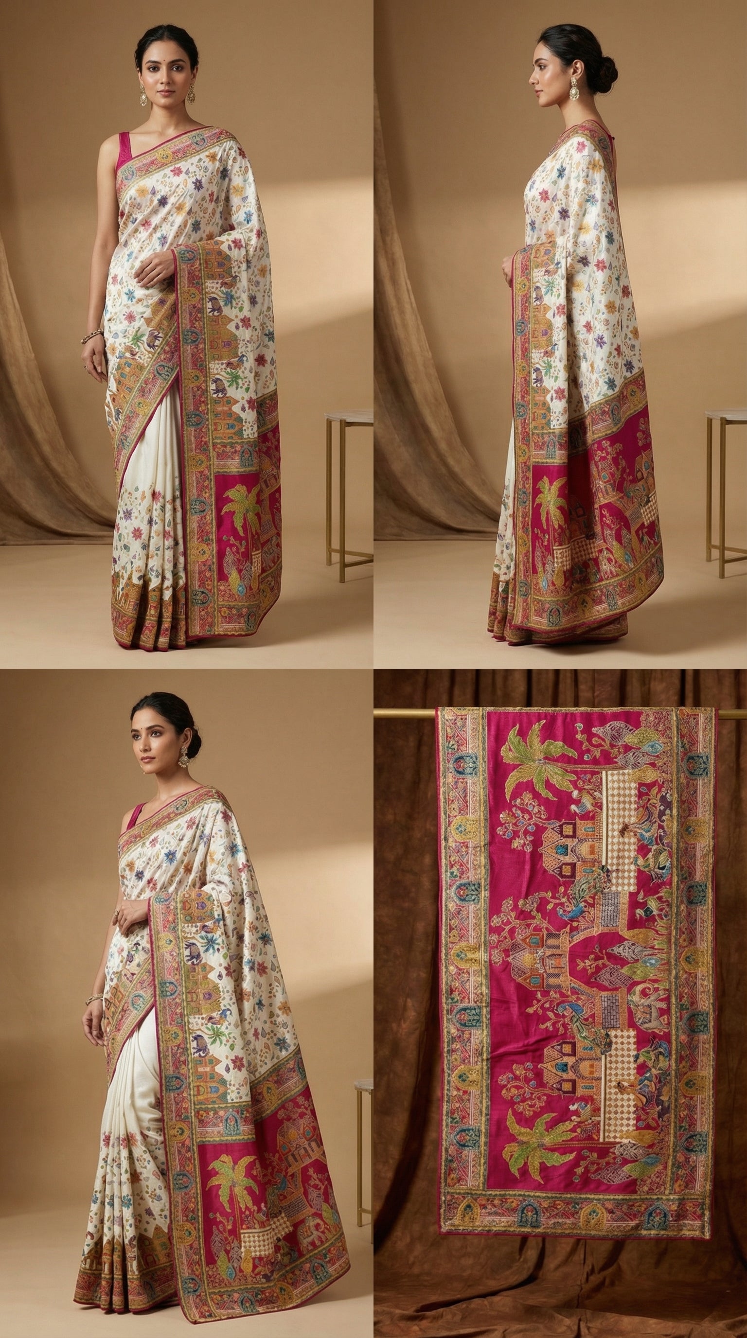 Dola silk Cream jacquard viscose Saree with Multicolor Floral Border