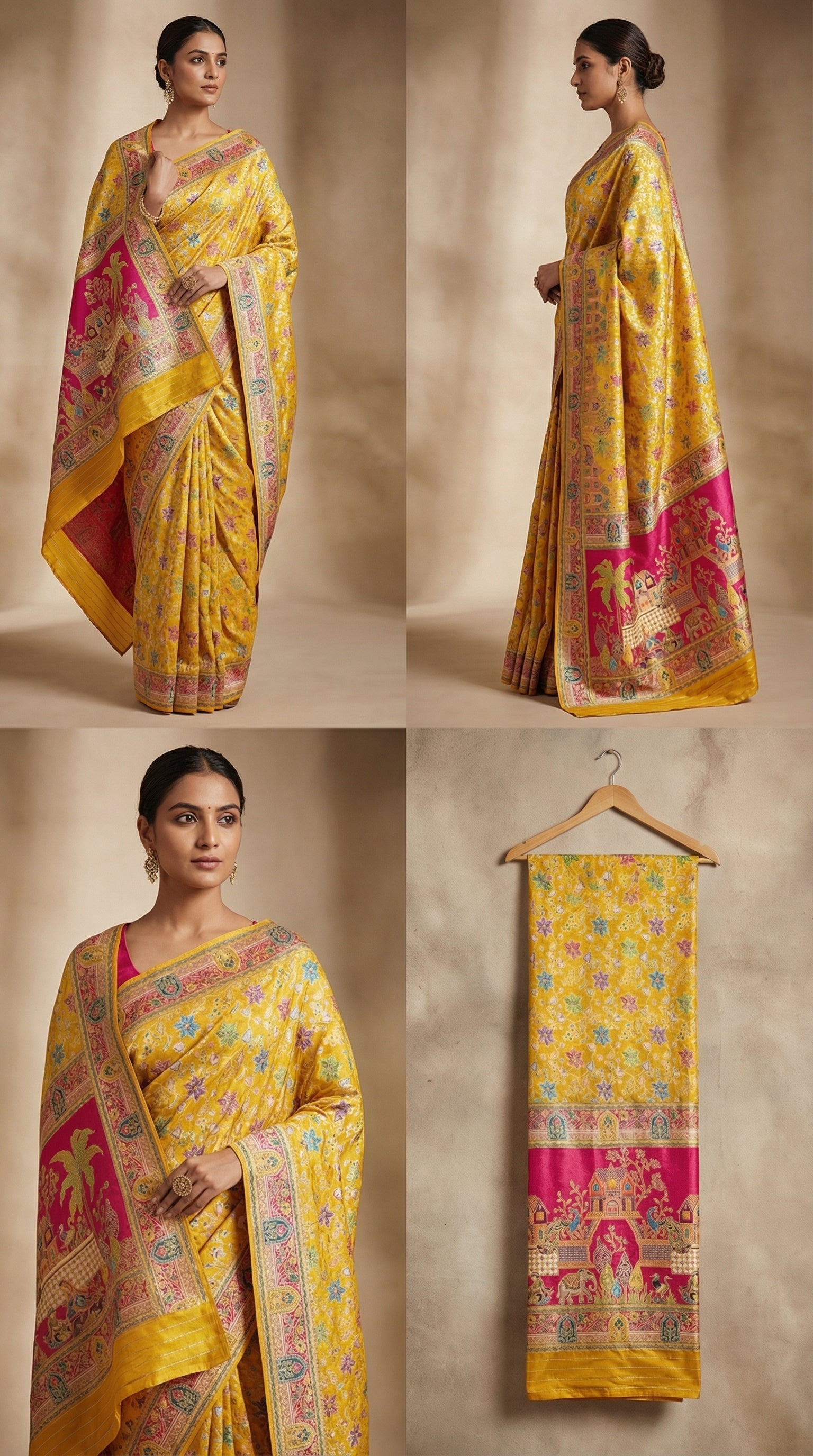 Dola silk Yellow  jacquard viscose Saree with Multicolor Floral Border