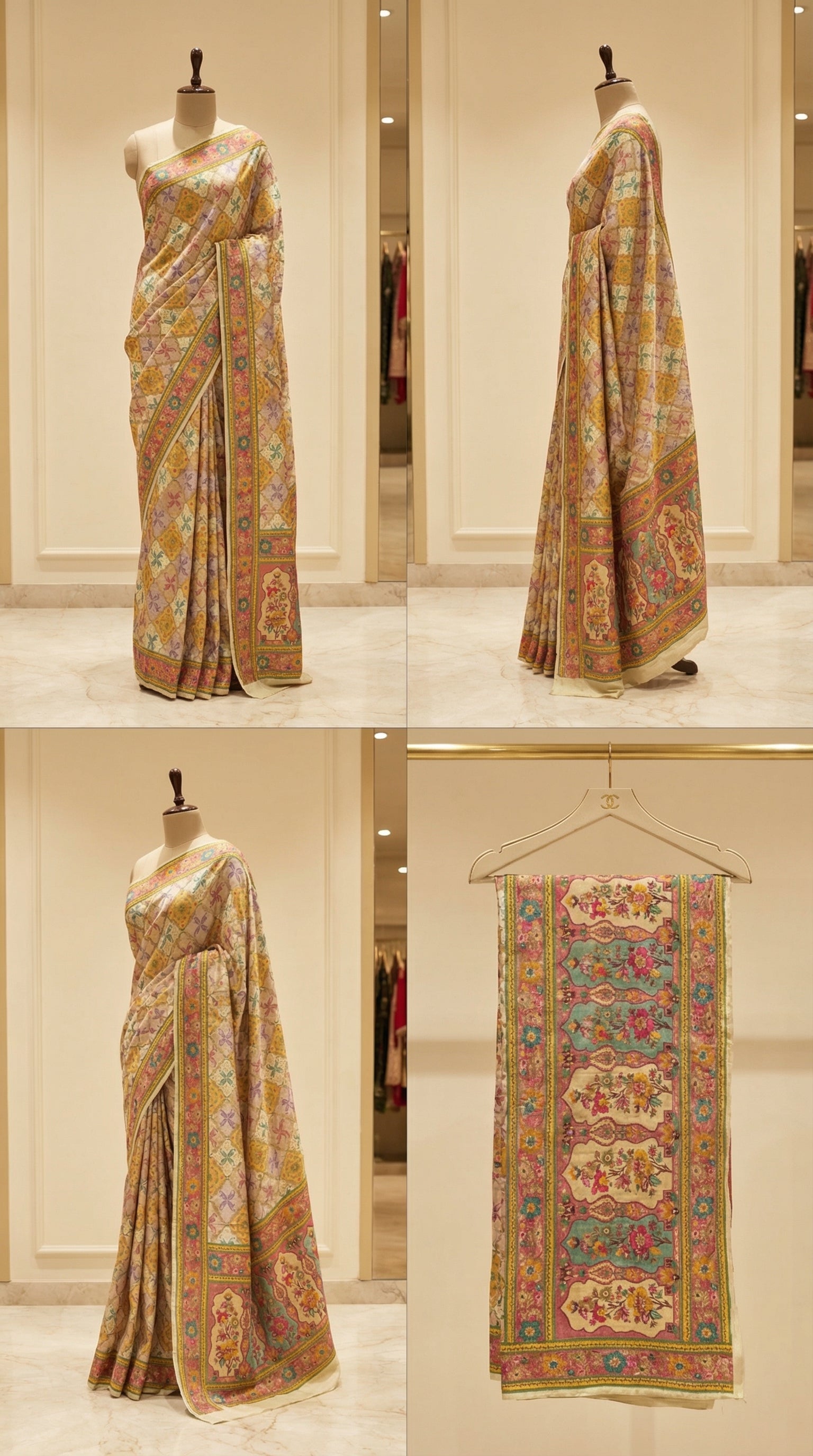 Cream Satin Saree with Multicolor Traditional Border with Position Print