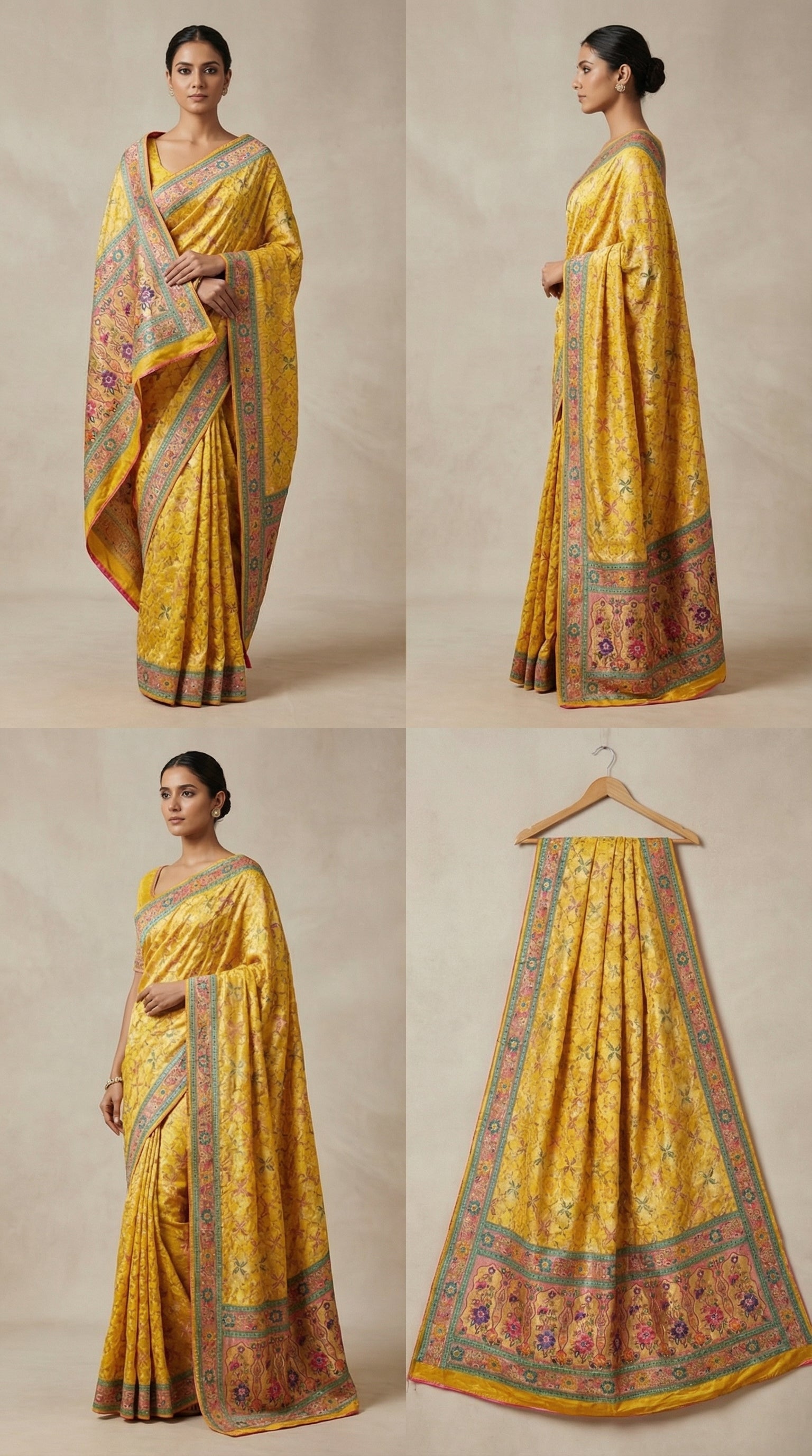 Yellow Satin Saree with Multicolor Traditional Border with Position Print