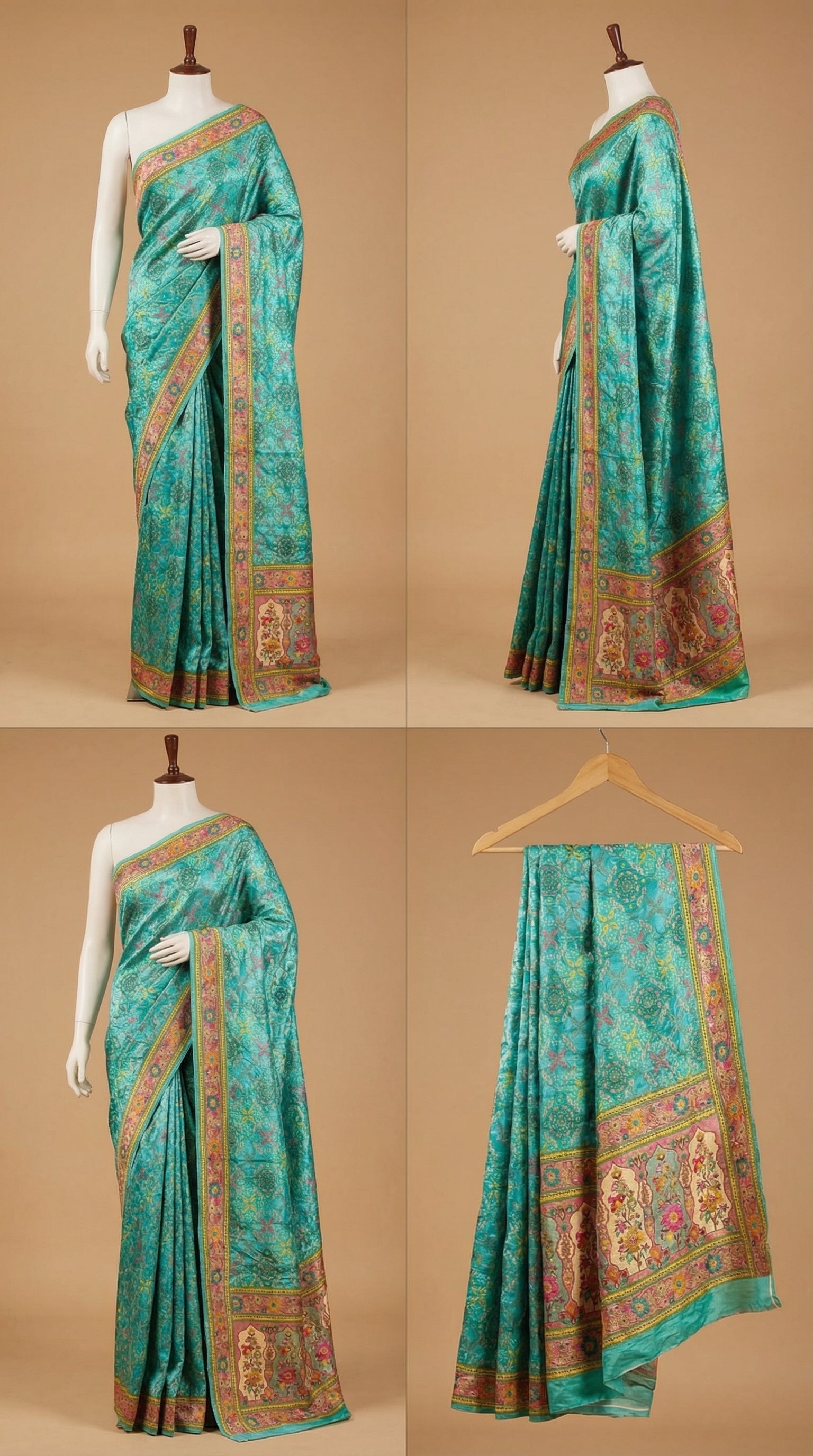 Rama Satin Saree with Multicolor Traditional Border with Position Print