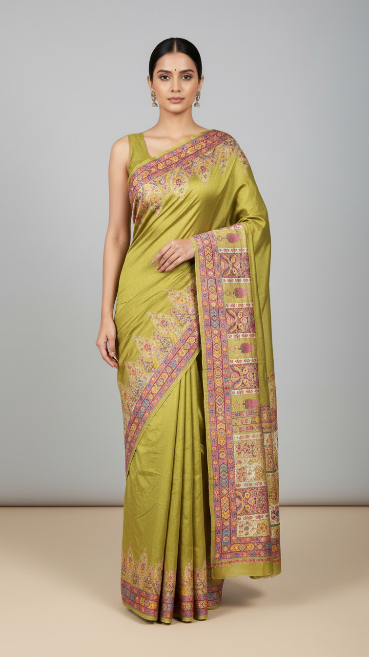 Ivory Olive Green Dola Silk jacquard viscose Position Saree