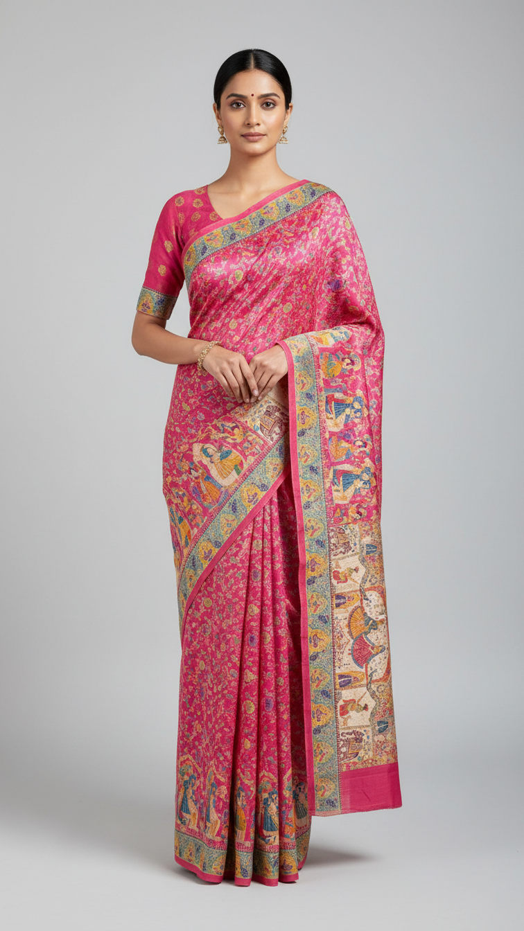Dola silk Rani jacquard viscose Saree with Multicolor Floral Border
