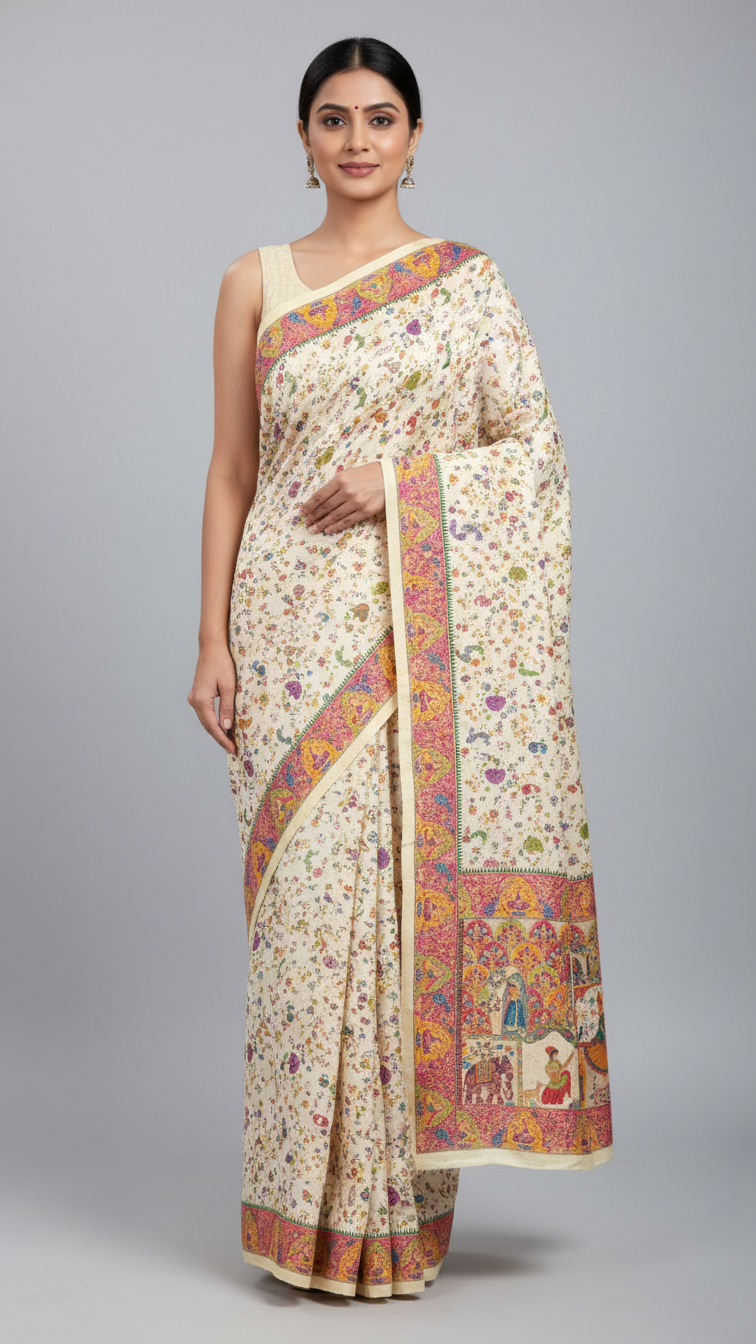 Dola silk Cream  jacquard viscose Saree with Multicolor Floral Border